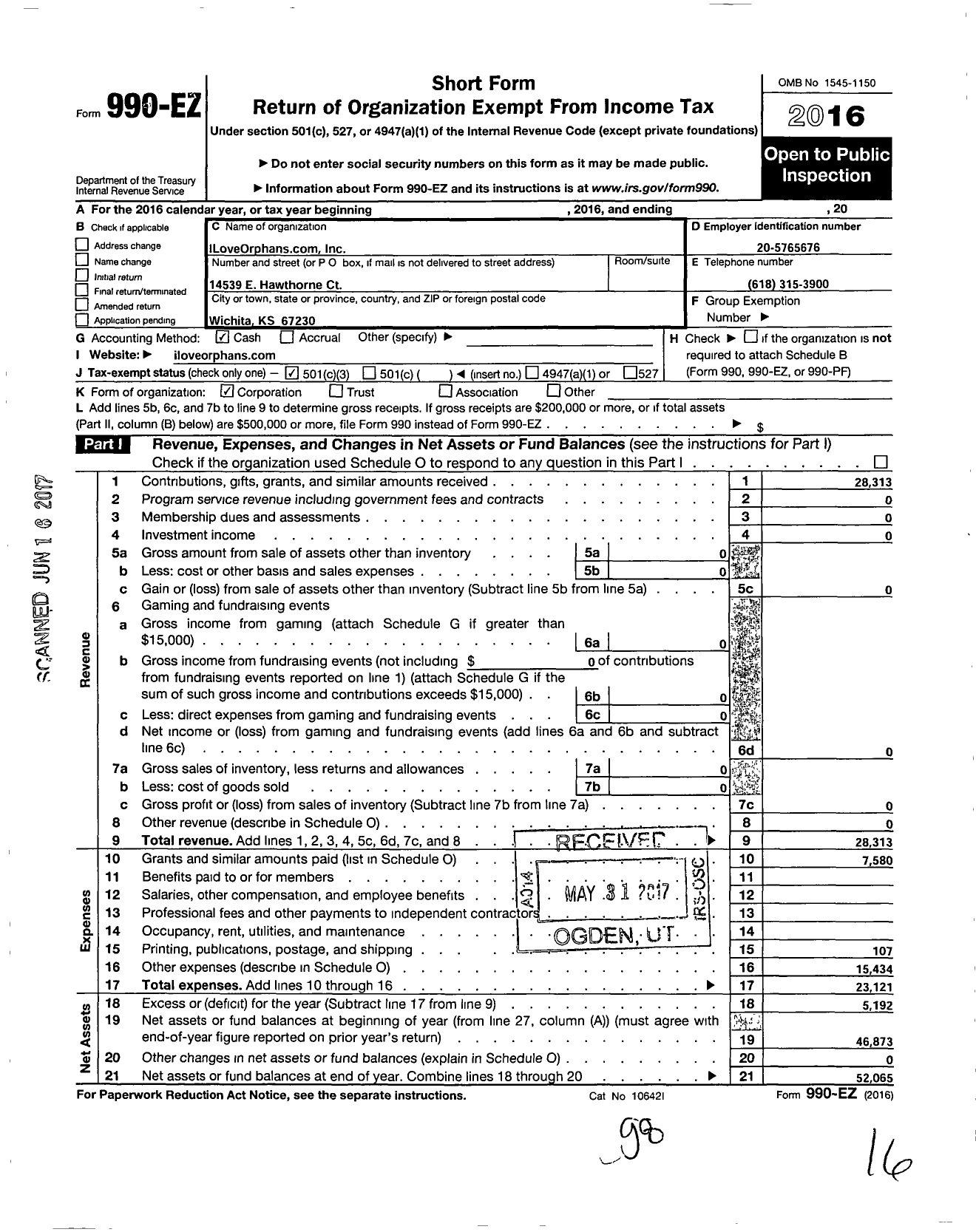 Image of first page of 2016 Form 990EZ for Iloveorphans Com