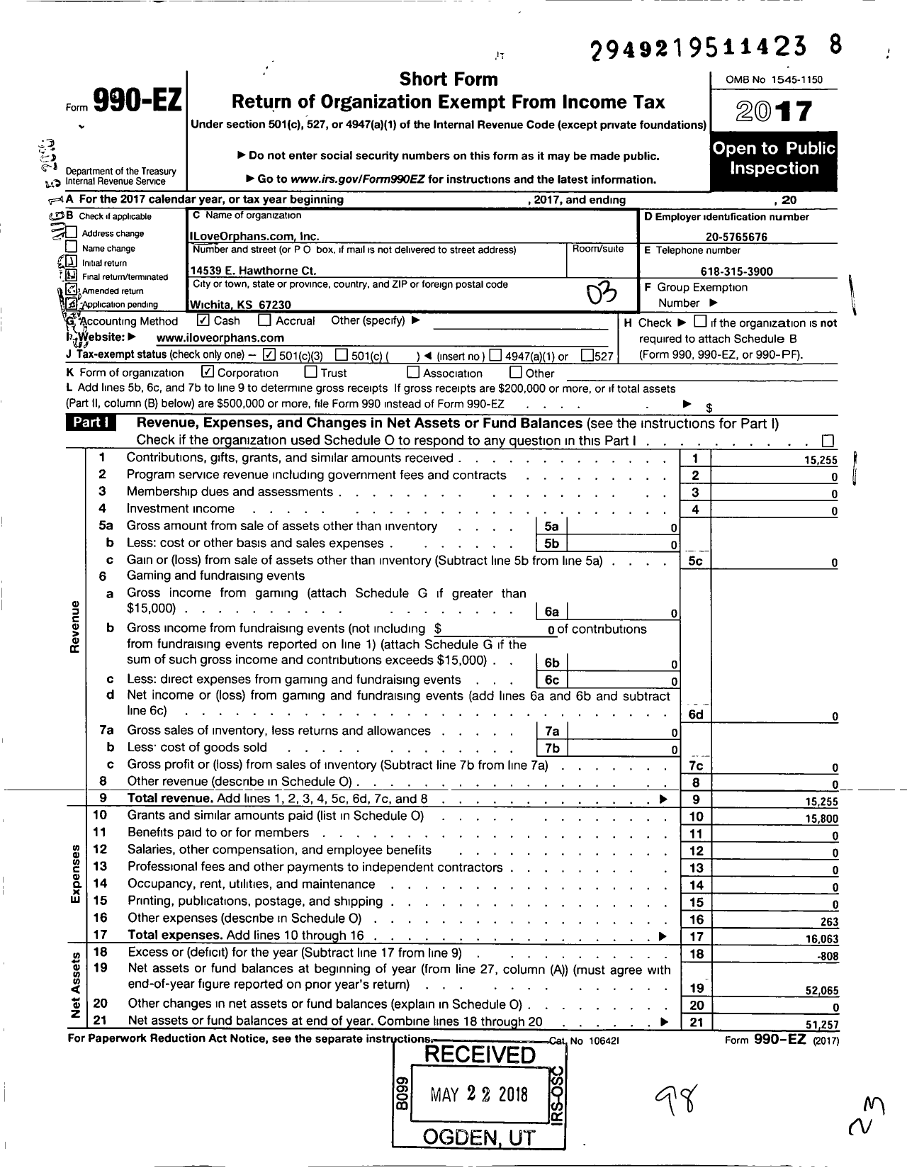 Image of first page of 2017 Form 990EZ for Iloveorphans Com