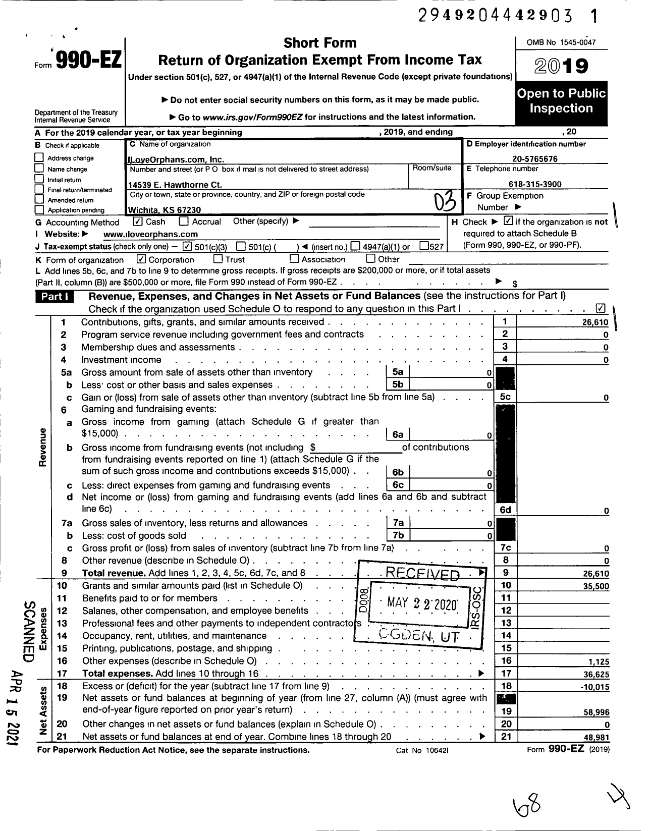 Image of first page of 2019 Form 990EZ for Iloveorphans Com