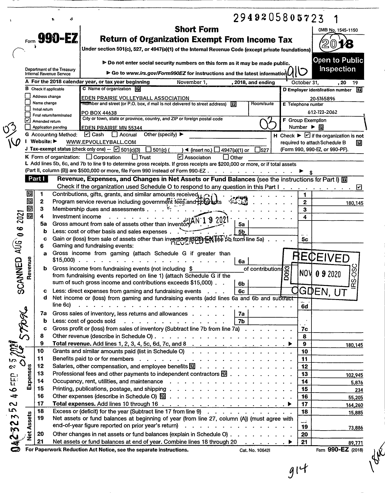 Image of first page of 2018 Form 990EZ for Eden Prairie Volleyball Association