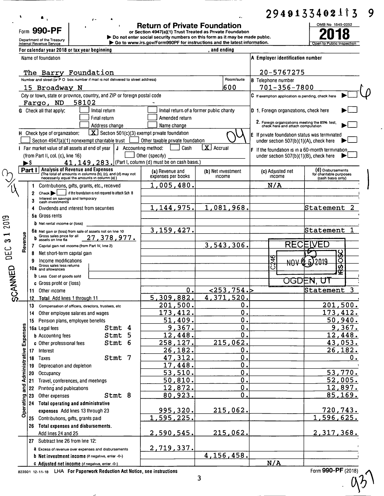 Image of first page of 2018 Form 990PF for The Barry Foundation