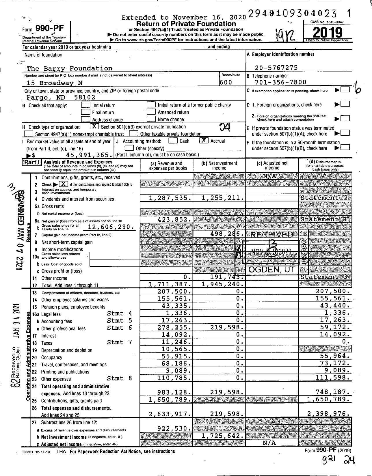 Image of first page of 2019 Form 990PF for The Barry Foundation