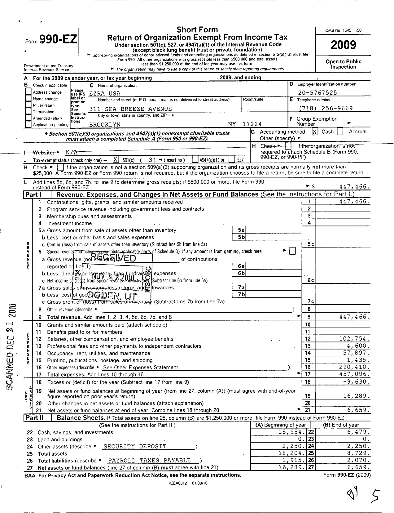 Image of first page of 2009 Form 990EZ for Ezra - USA