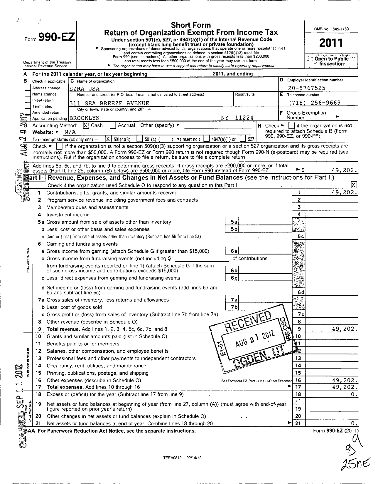 Image of first page of 2011 Form 990EZ for Ezra - USA