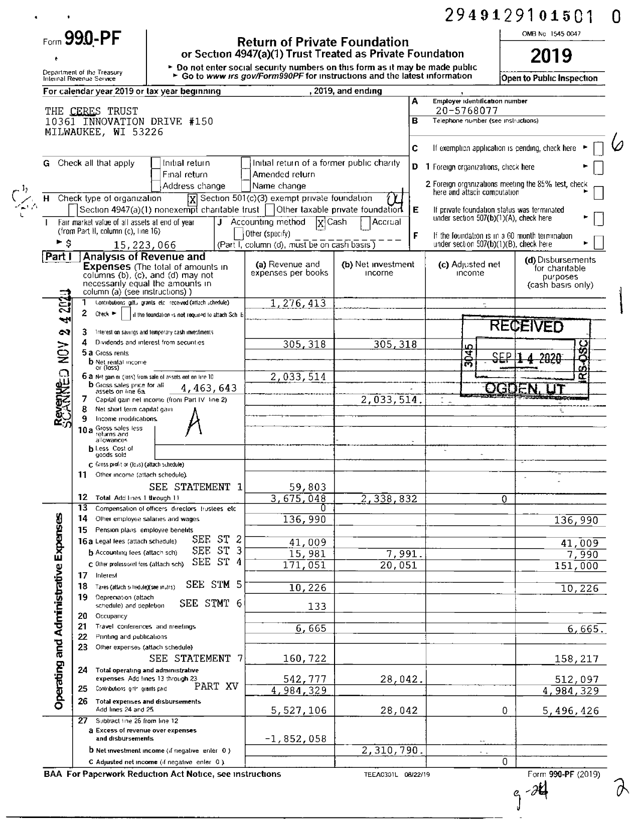 Image of first page of 2019 Form 990PF for The Ceres Trust