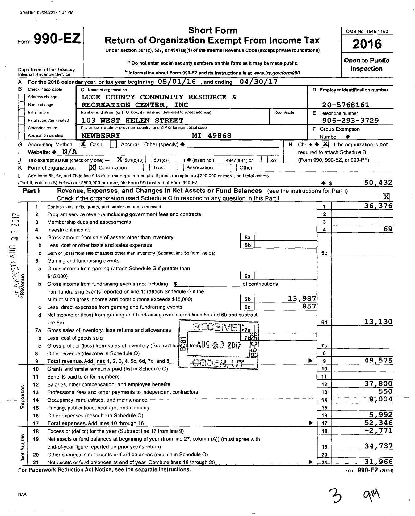 Image of first page of 2016 Form 990EZ for Luce County Community Resource and Recreation Center