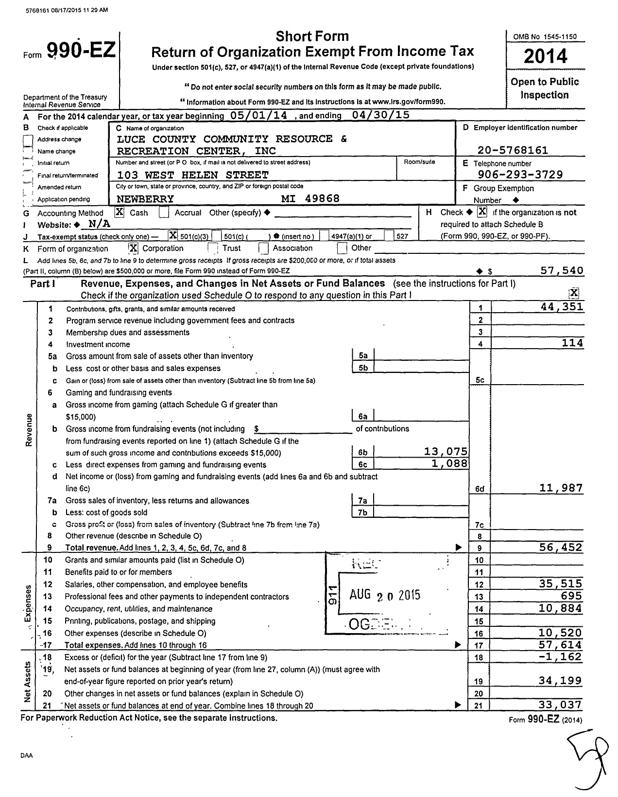 Image of first page of 2014 Form 990EZ for Luce County Community Resource and Recreation Center