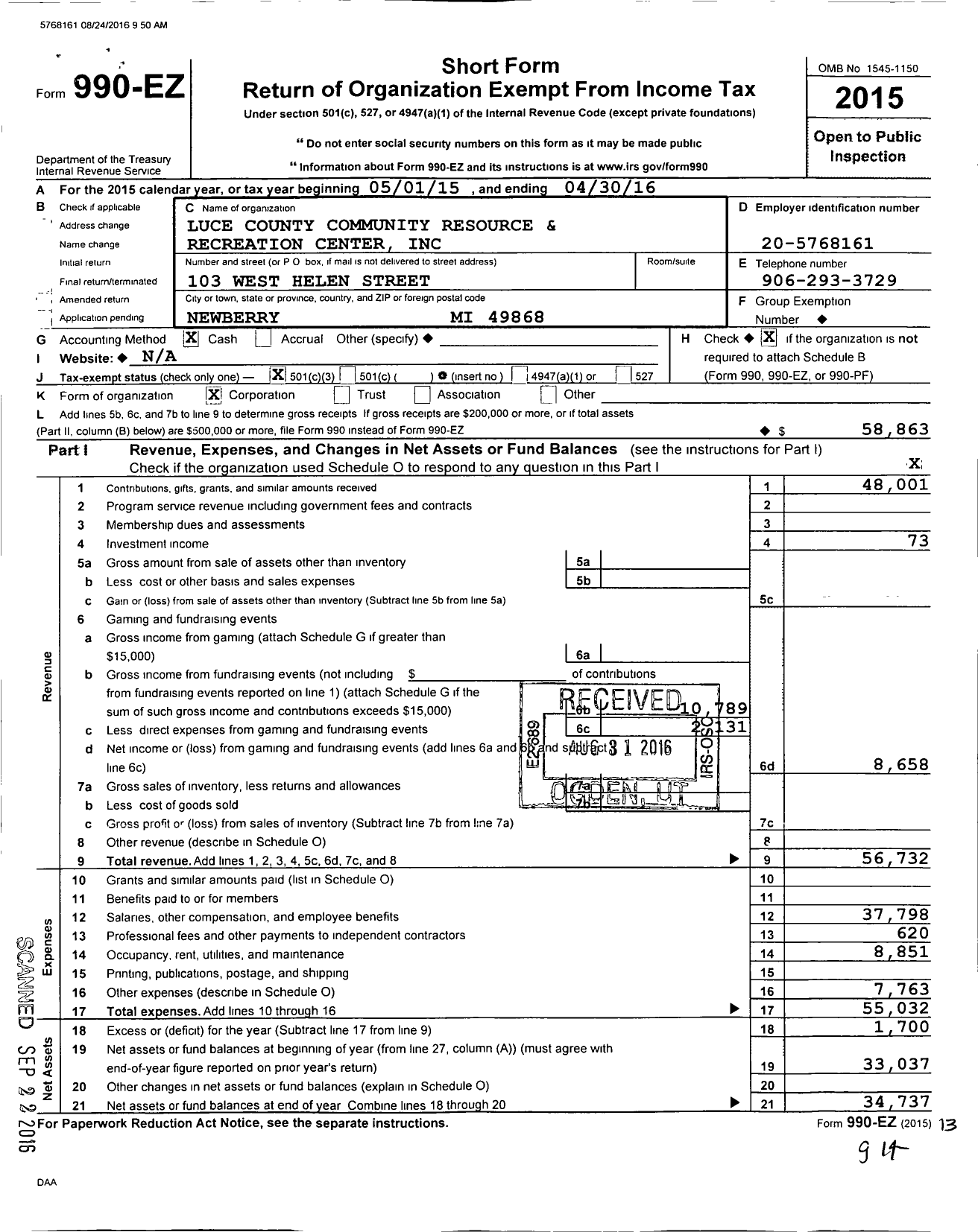 Image of first page of 2015 Form 990EZ for Luce County Community Resource and Recreation Center