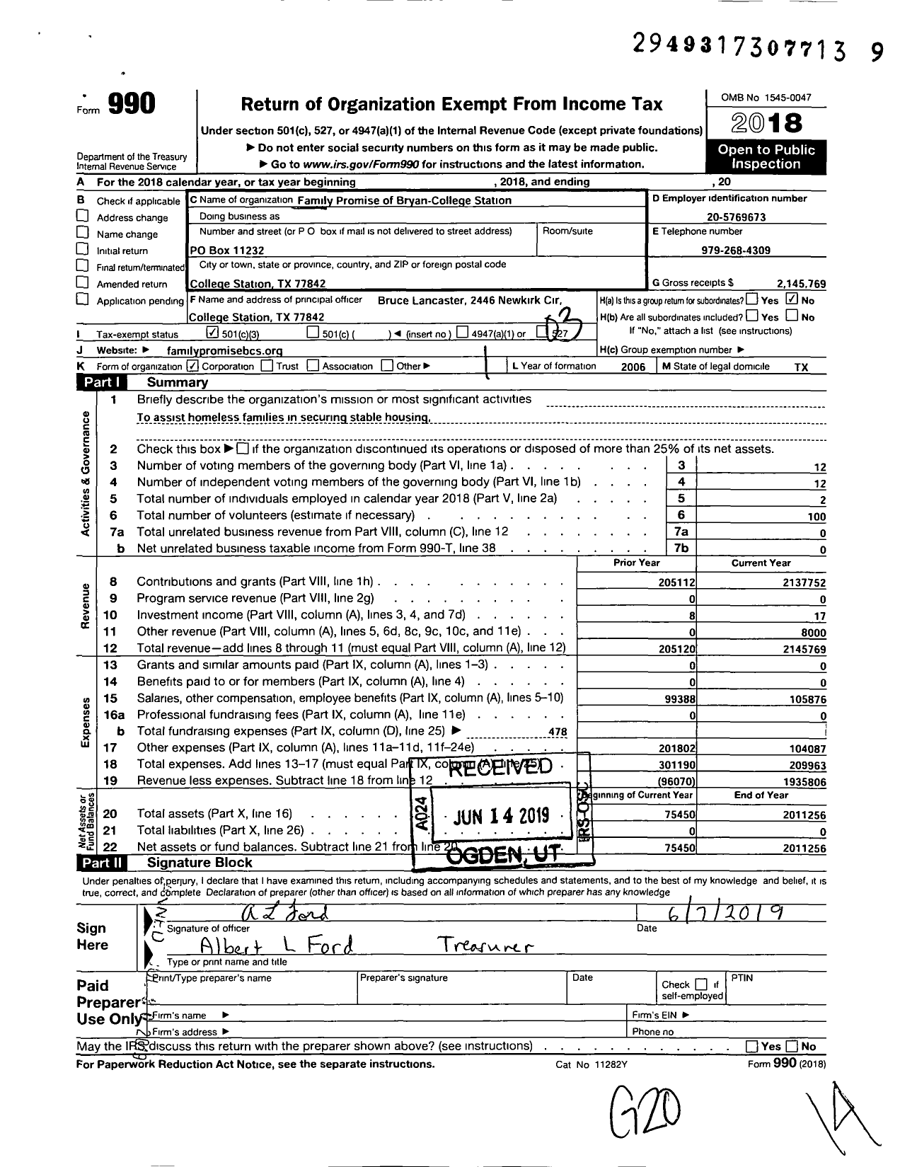 Image of first page of 2018 Form 990 for Family Promise of Bryan-College Station