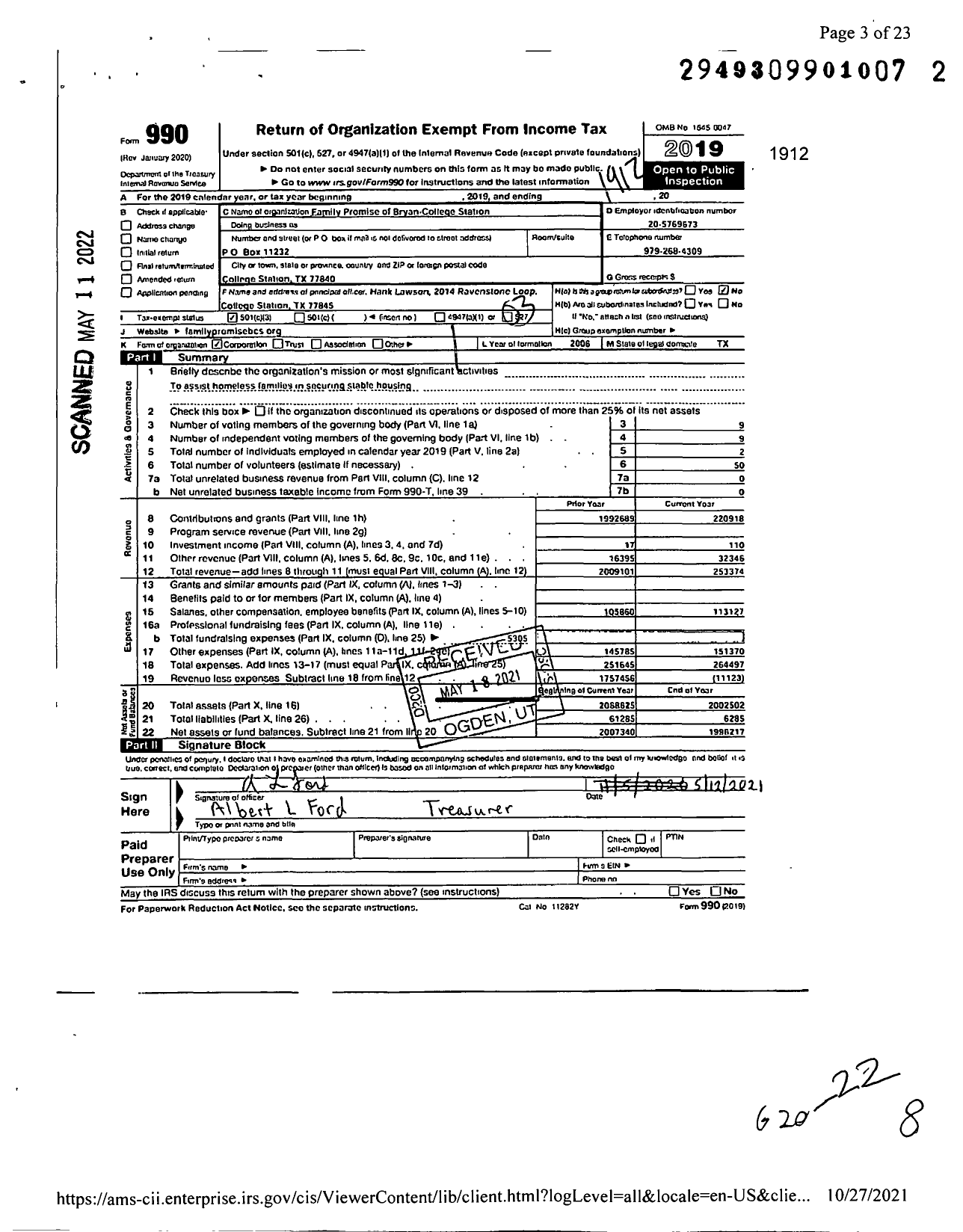 Image of first page of 2019 Form 990 for Family Promise of Bryan-College Station