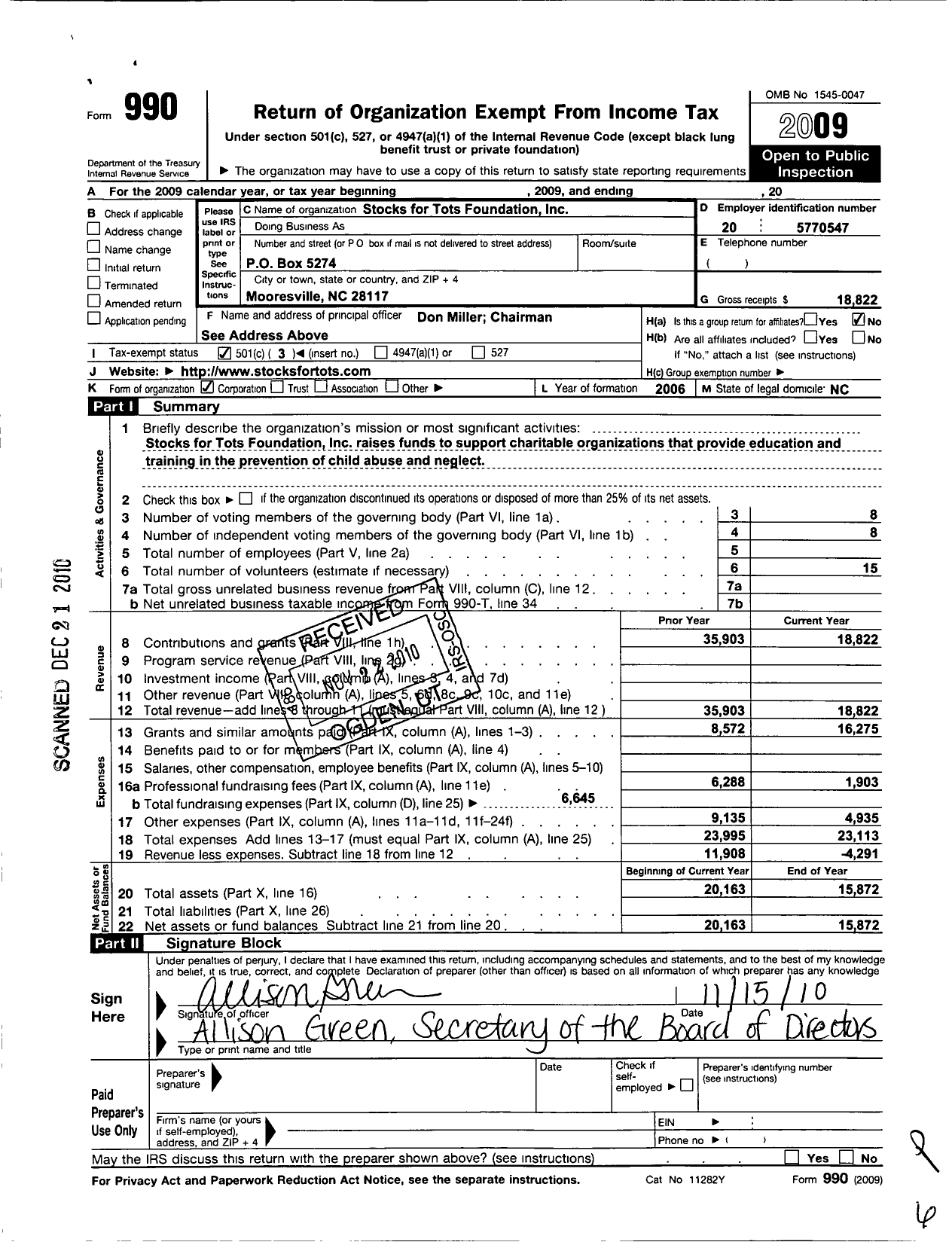 Image of first page of 2009 Form 990 for Stocks for Tots