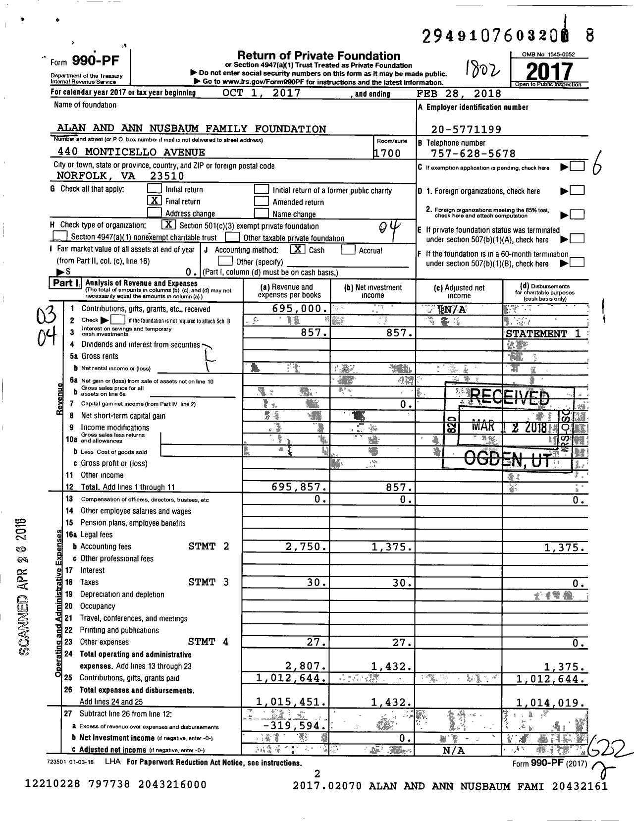 Image of first page of 2017 Form 990PF for Alan and Ann Nusbaum Family Foundation