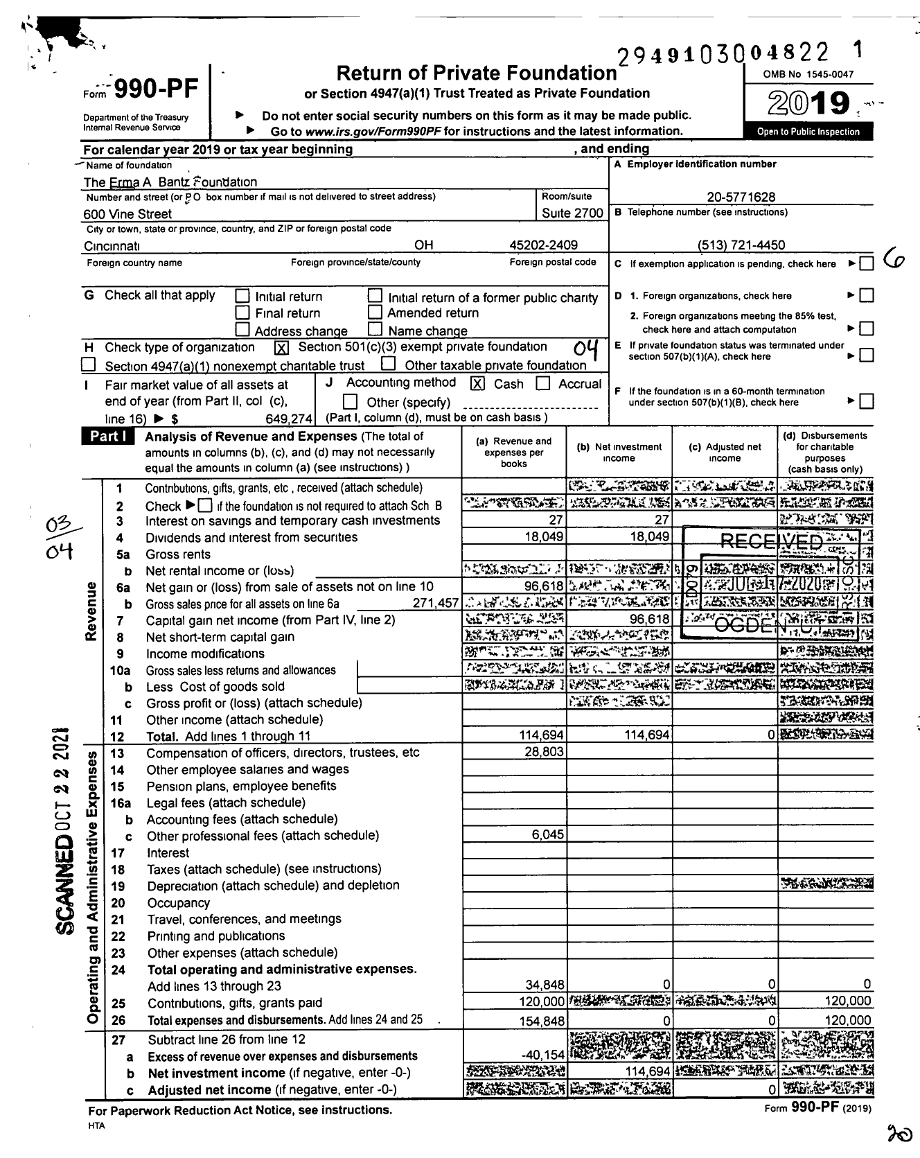 Image of first page of 2019 Form 990PF for The Erma A Bantz Foundation