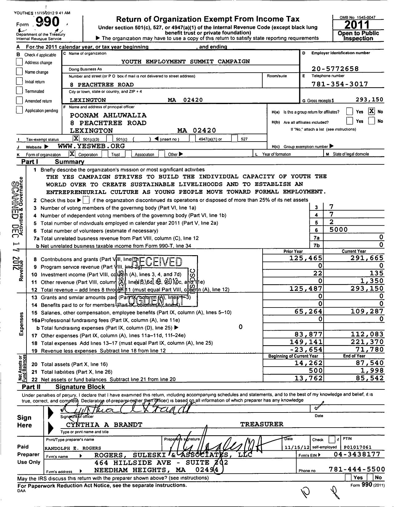 Image of first page of 2011 Form 990 for Youth Employment Summit Campaign