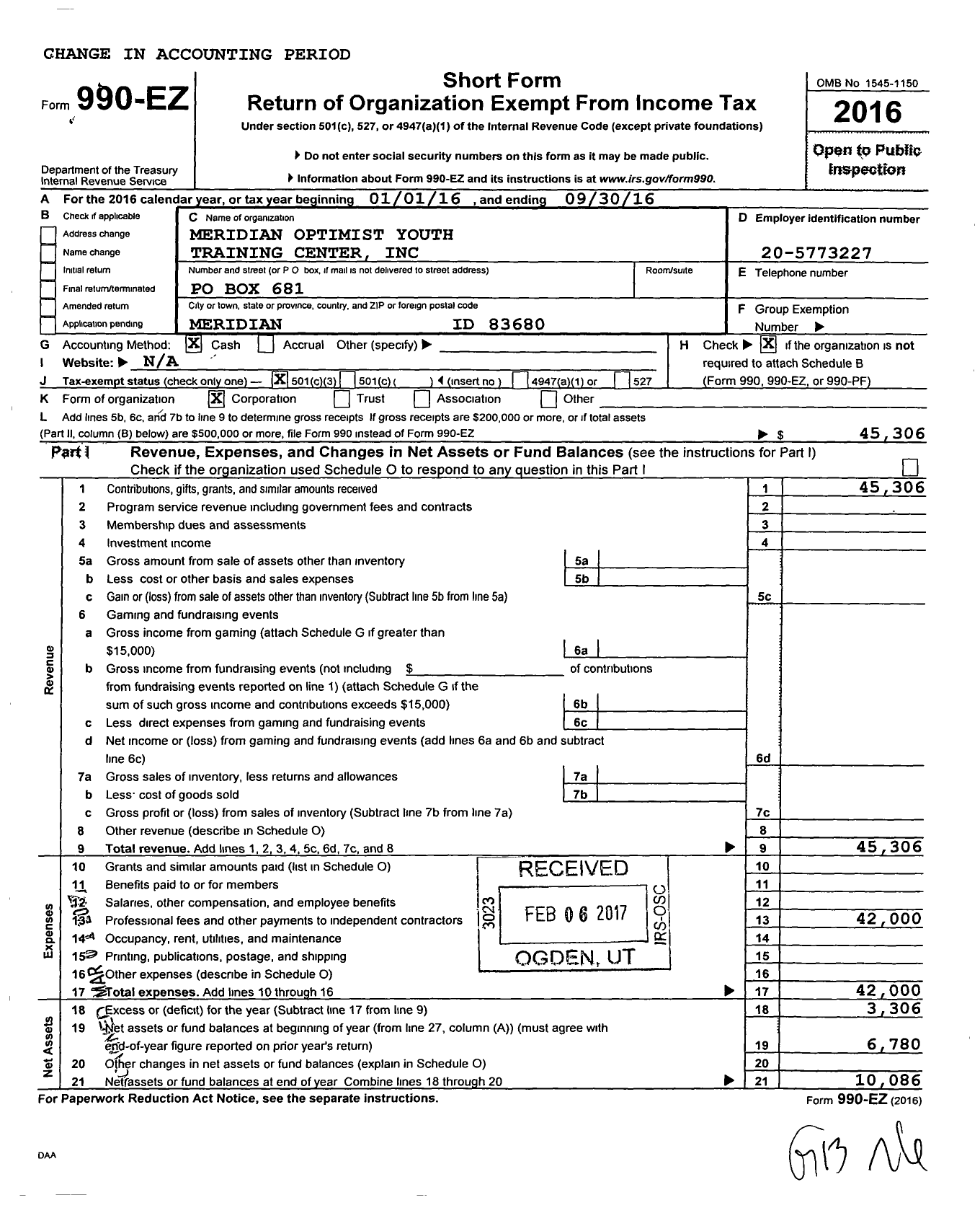 Image of first page of 2015 Form 990EZ for Meridian Optimist Youth Training Center