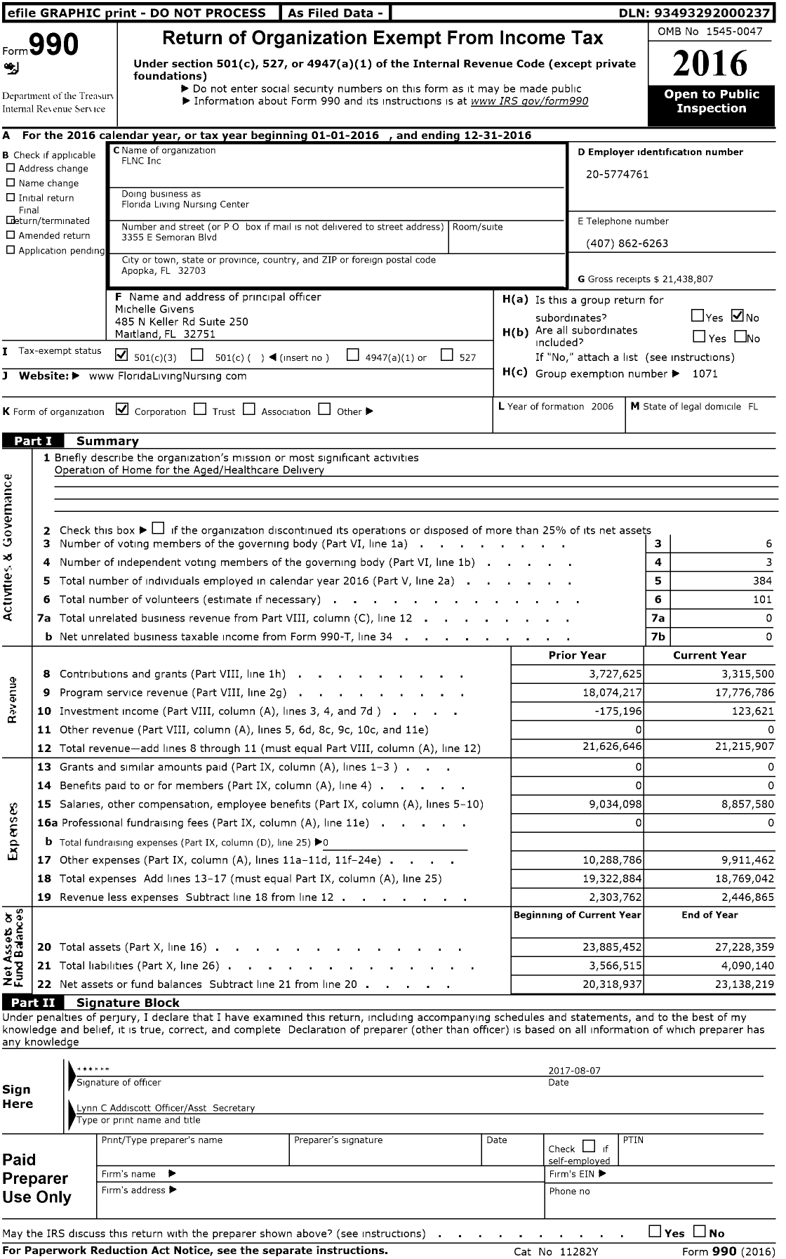 Image of first page of 2016 Form 990 for AdventHealth Care Center Apopka South
