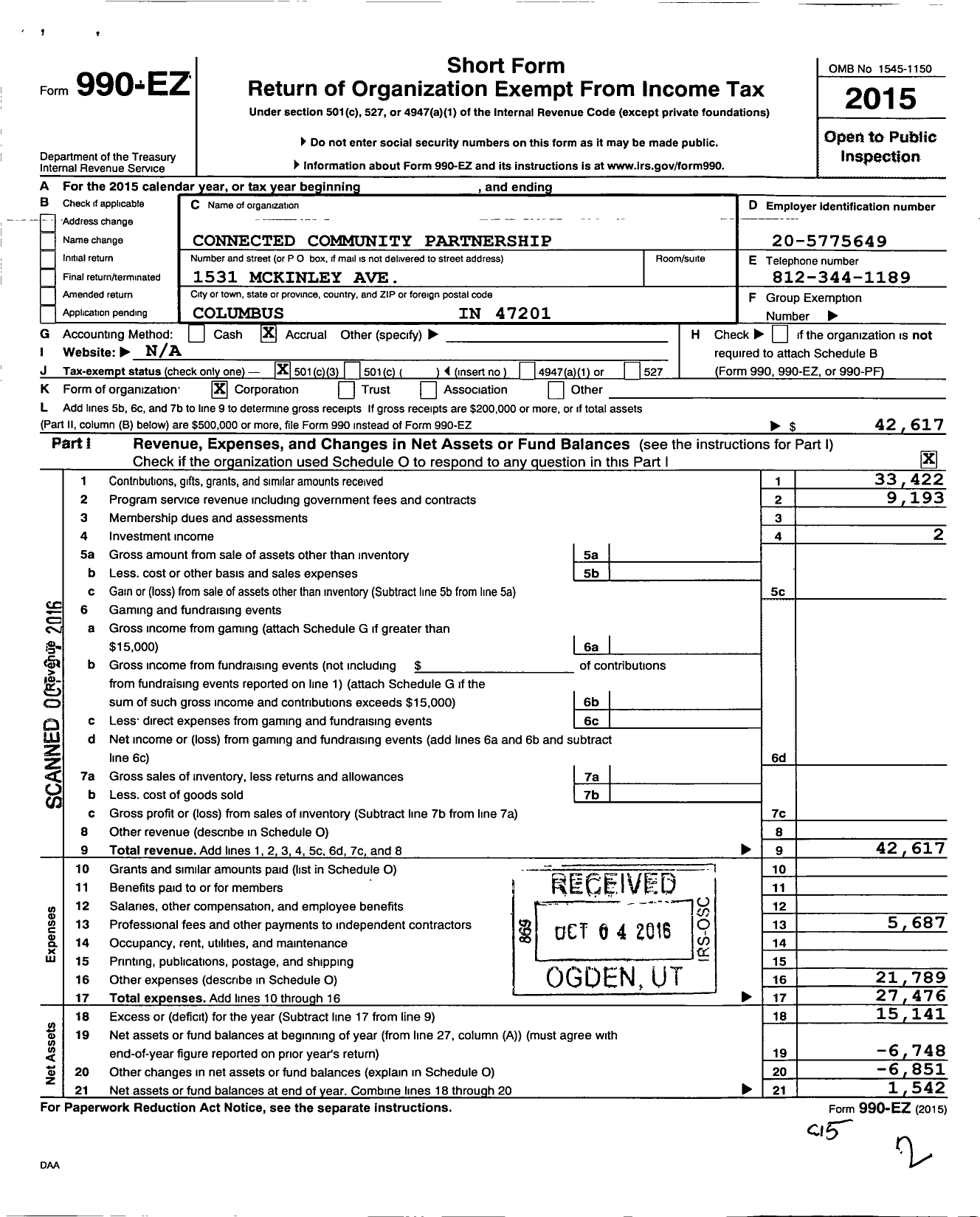 Image of first page of 2015 Form 990EZ for Connected Community Parthership
