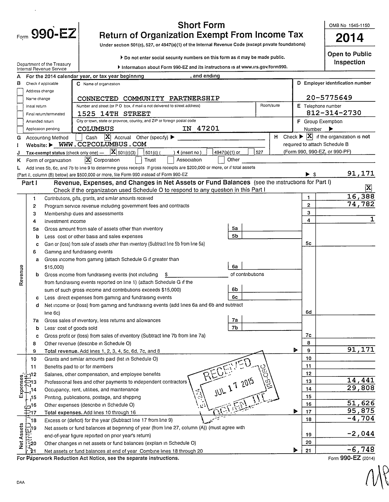 Image of first page of 2014 Form 990EZ for Connected Community Parthership