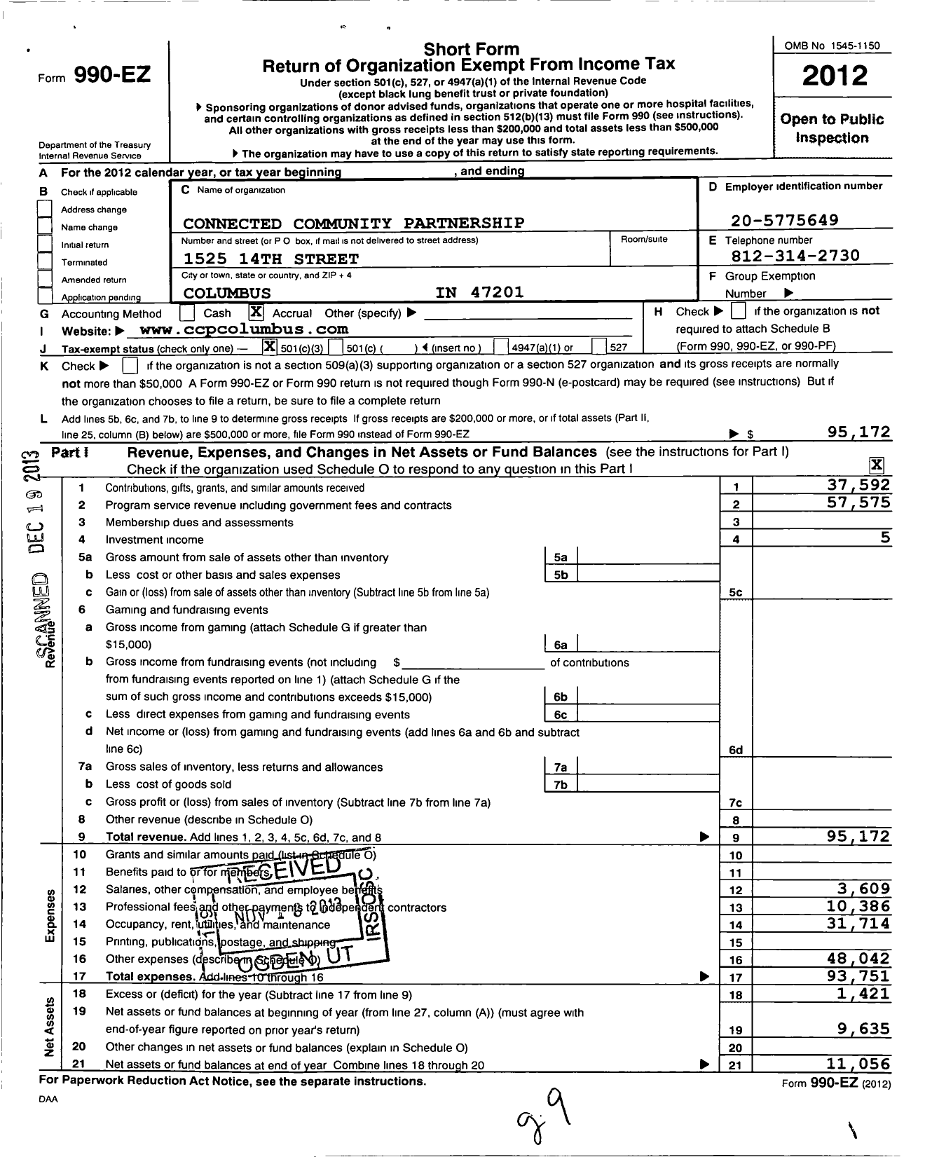 Image of first page of 2012 Form 990EZ for Connected Community Parthership