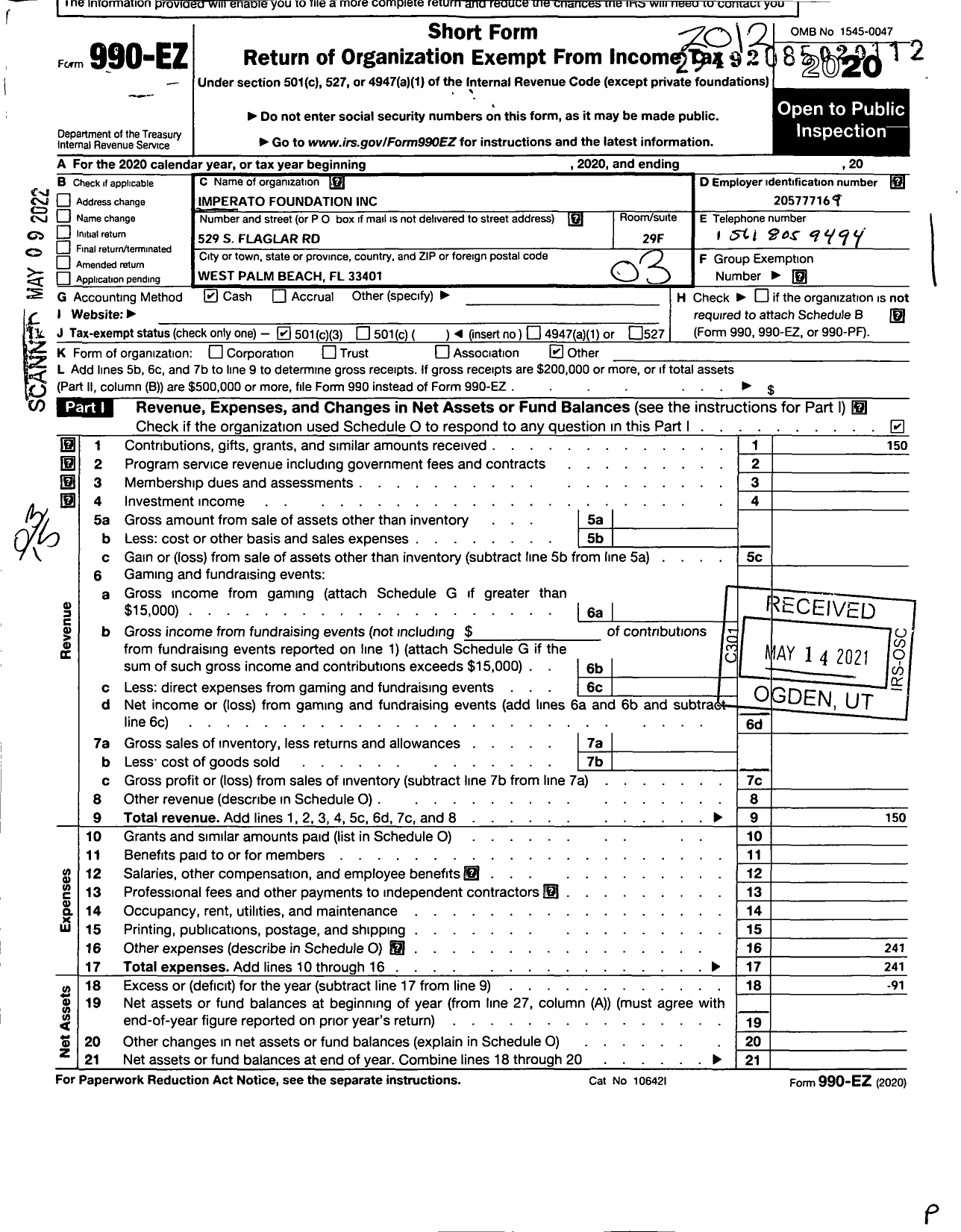 Image of first page of 2020 Form 990EZ for Imperato Foundation