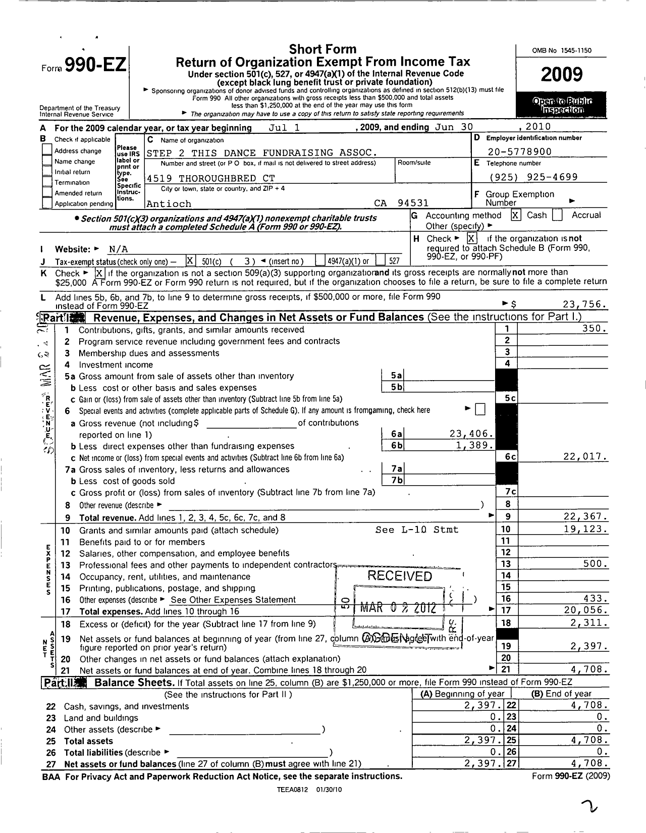 Image of first page of 2009 Form 990EZ for Step 2 This Dance Fundraising Association