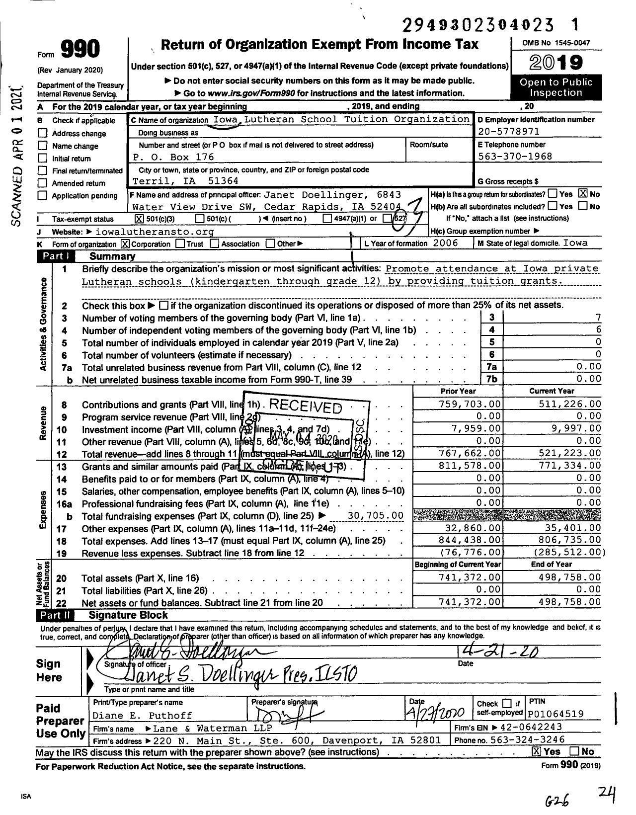 Image of first page of 2019 Form 990 for Iowa Lutheran School Tuition Organization