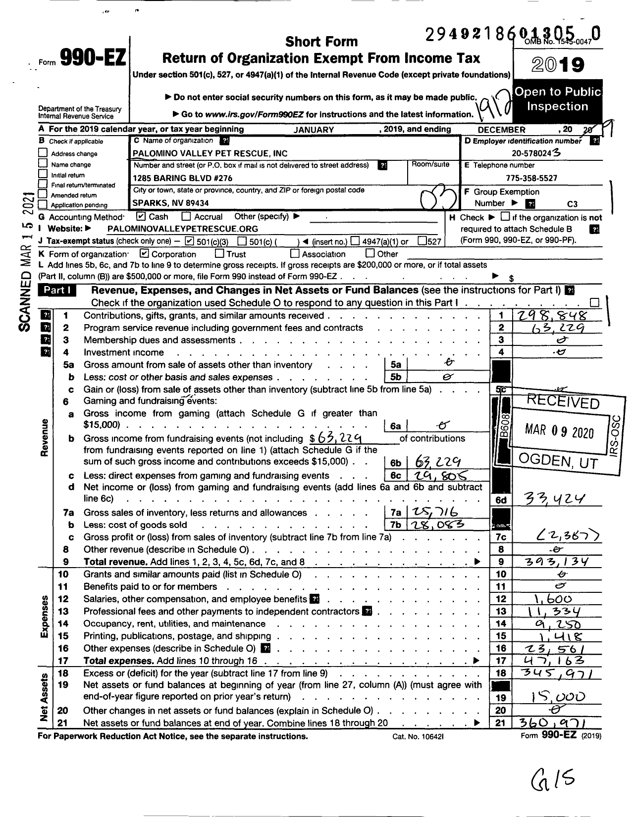 Image of first page of 2019 Form 990EZ for Palomino Valley Pet Rescue