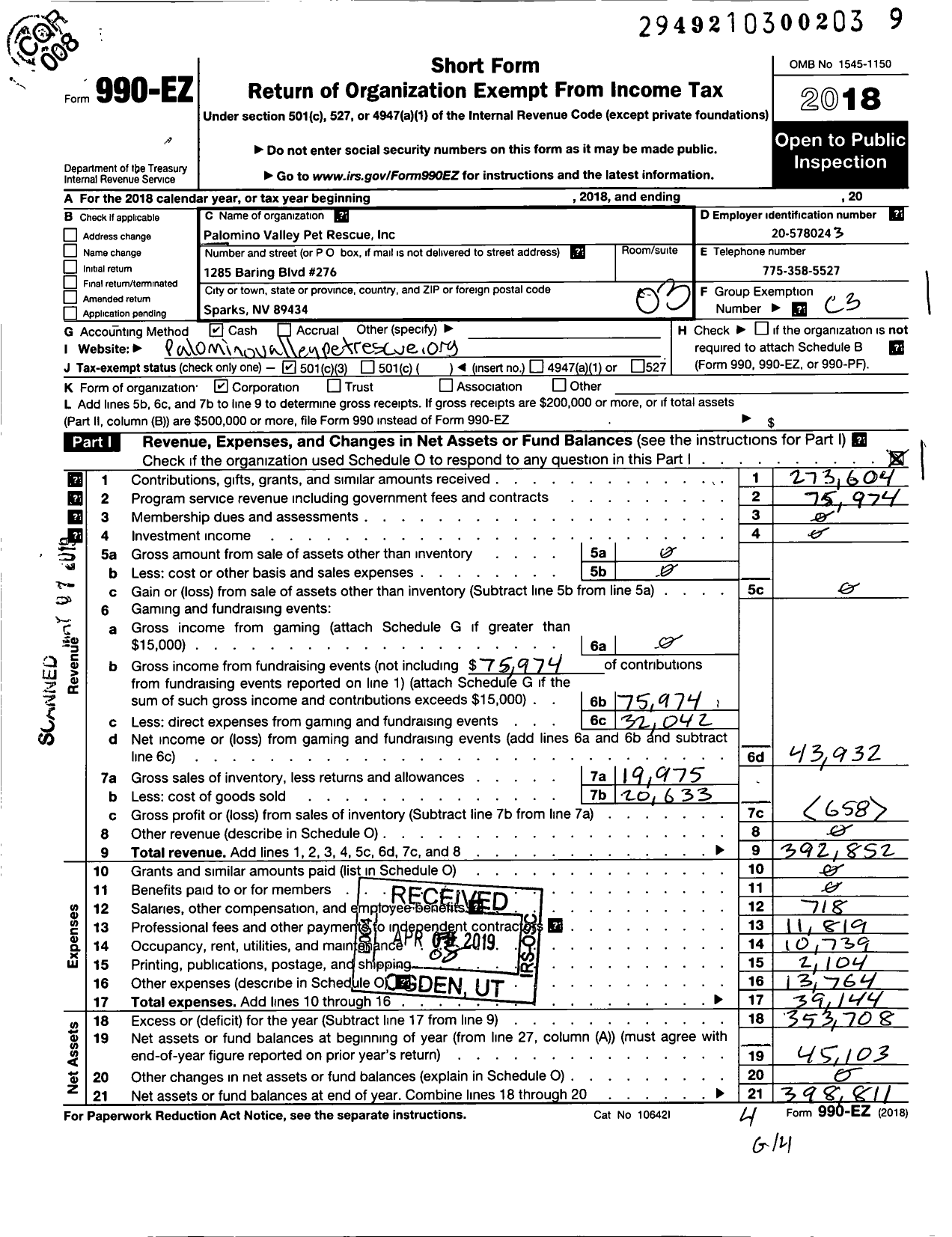 Image of first page of 2018 Form 990EZ for Palomino Valley Pet Rescue