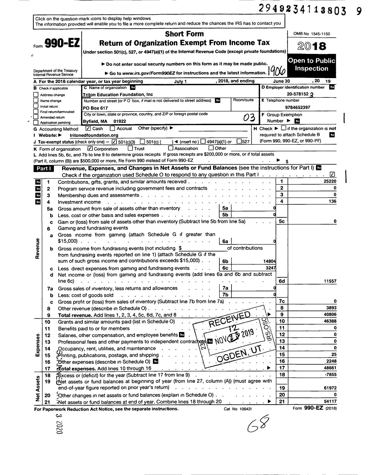 Image of first page of 2018 Form 990EZ for Triton Education Foundation