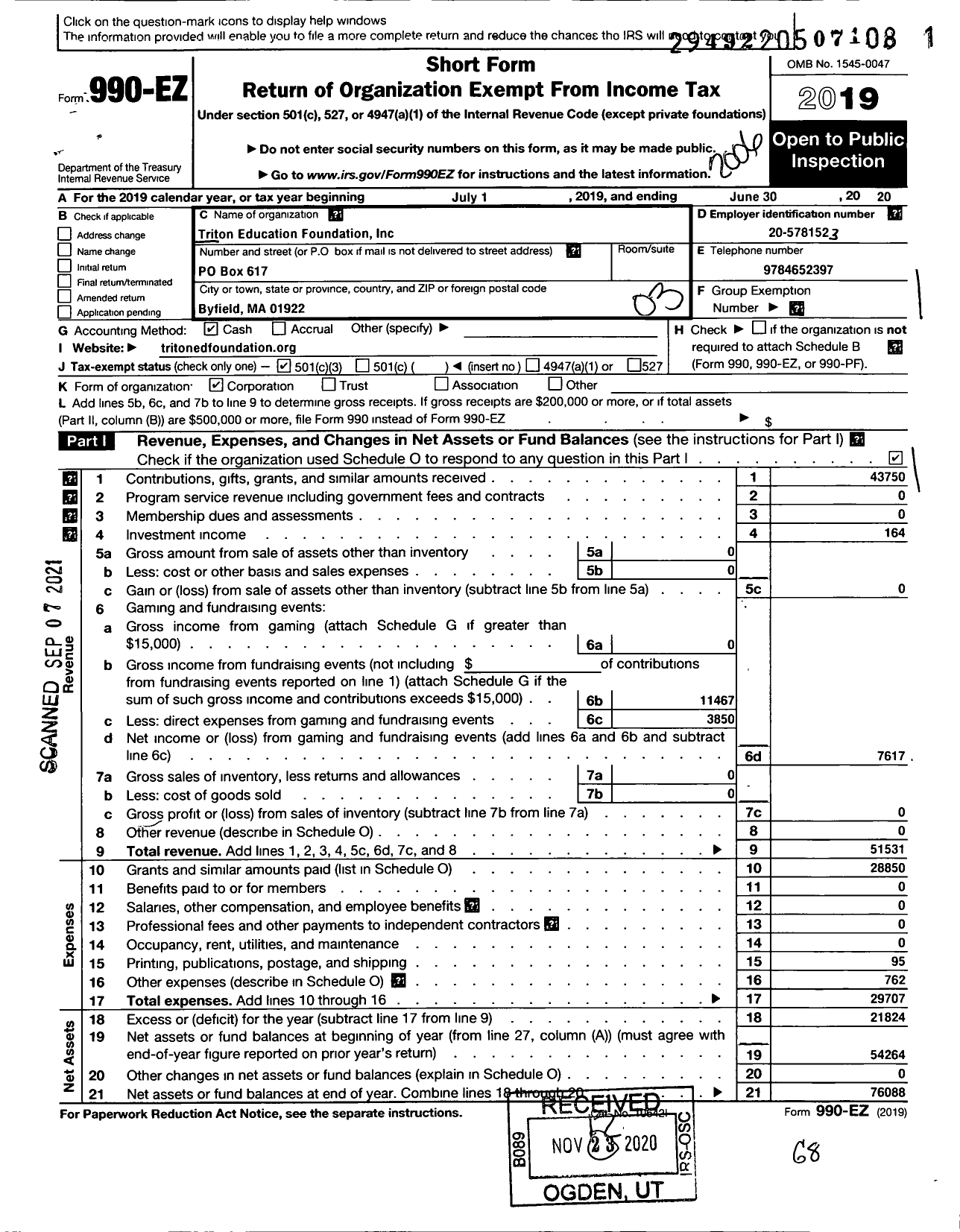 Image of first page of 2019 Form 990EZ for Triton Education Foundation