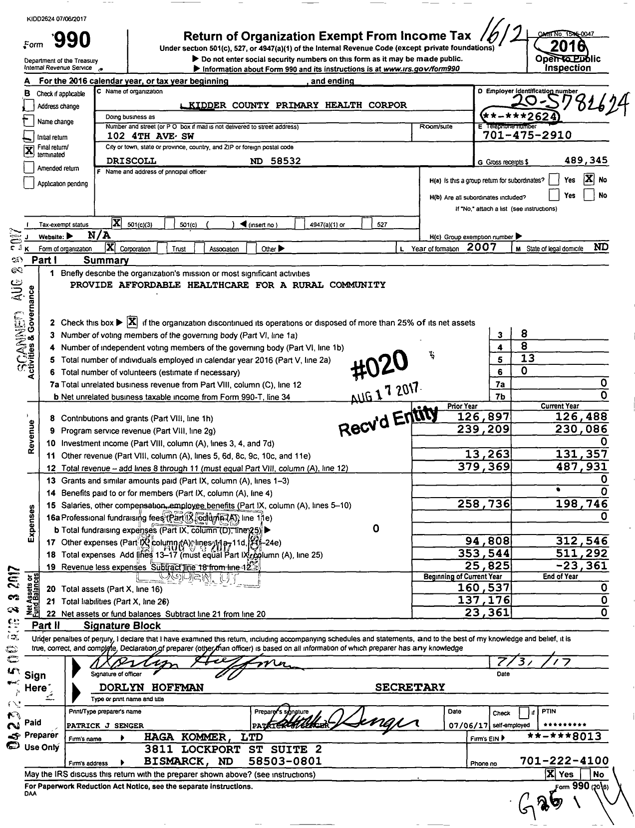 Image of first page of 2016 Form 990 for Kidder County Primary Health Corporation