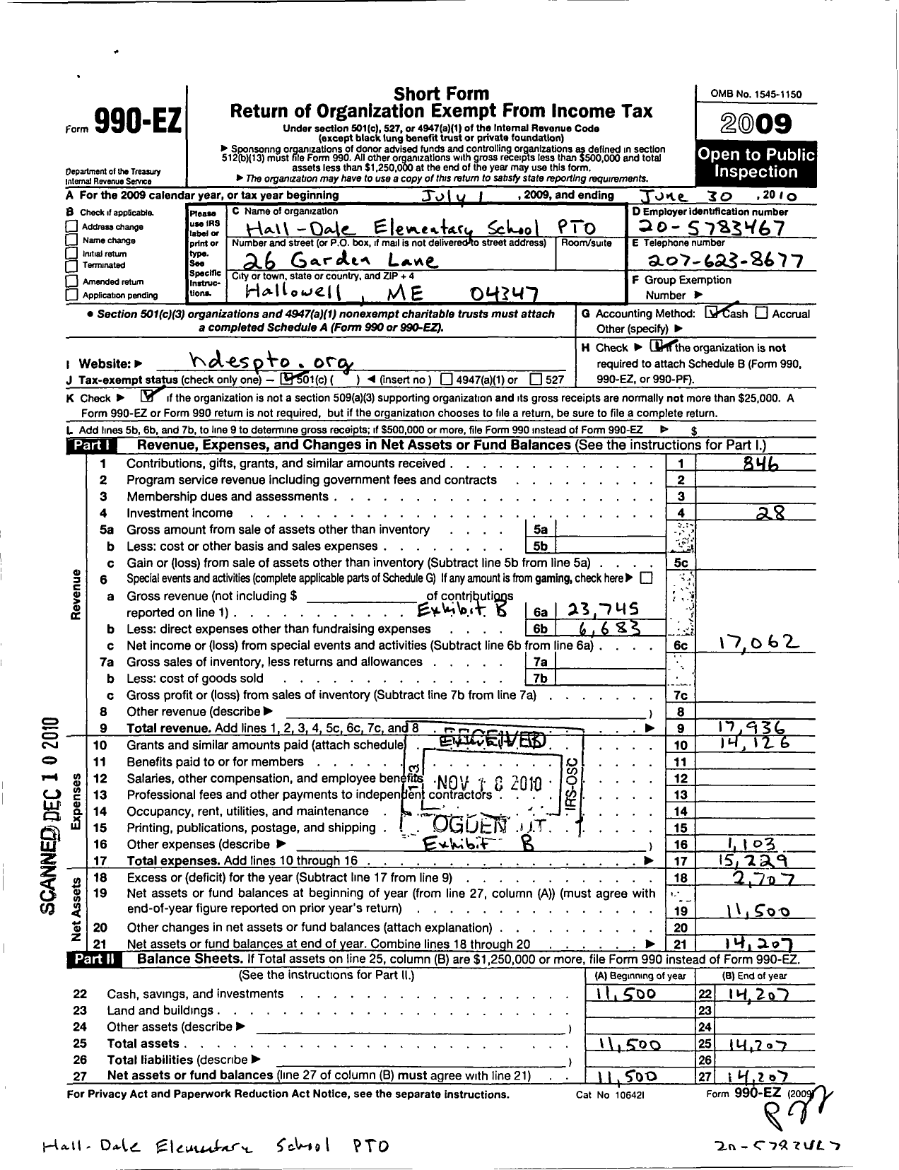 Image of first page of 2009 Form 990EO for Hall Dale Elementary School Parent Teacher Organization