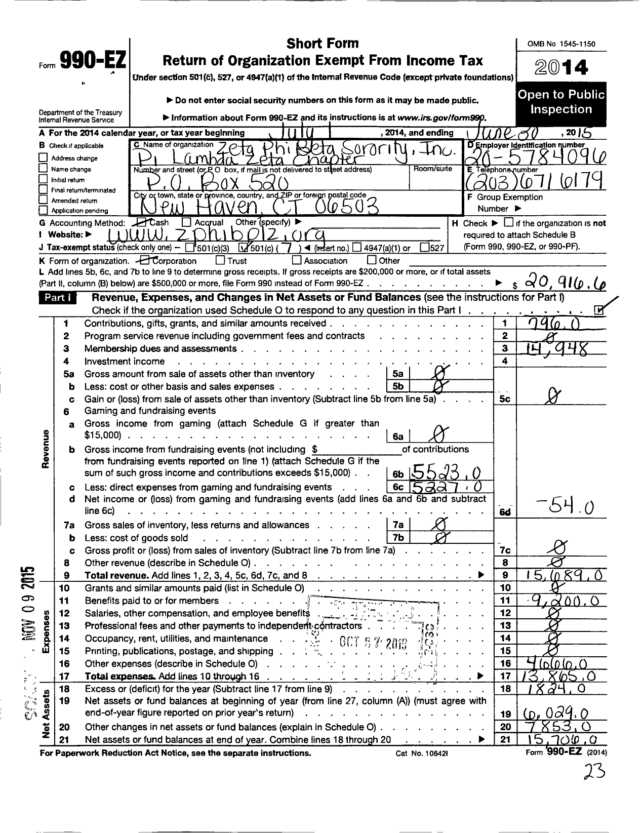 Image of first page of 2014 Form 990EO for Zeta Phi Beta Sorority / Pi Lambda Zeta