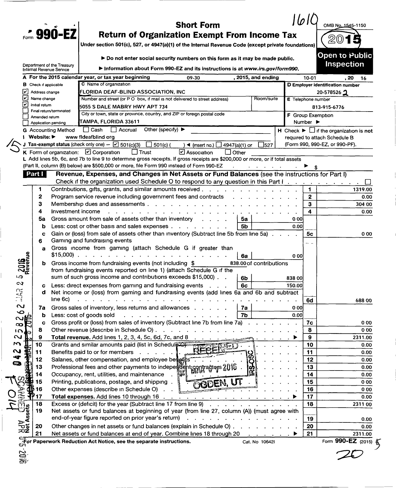 Image of first page of 2015 Form 990EZ for Florida Deaf-Blind Association