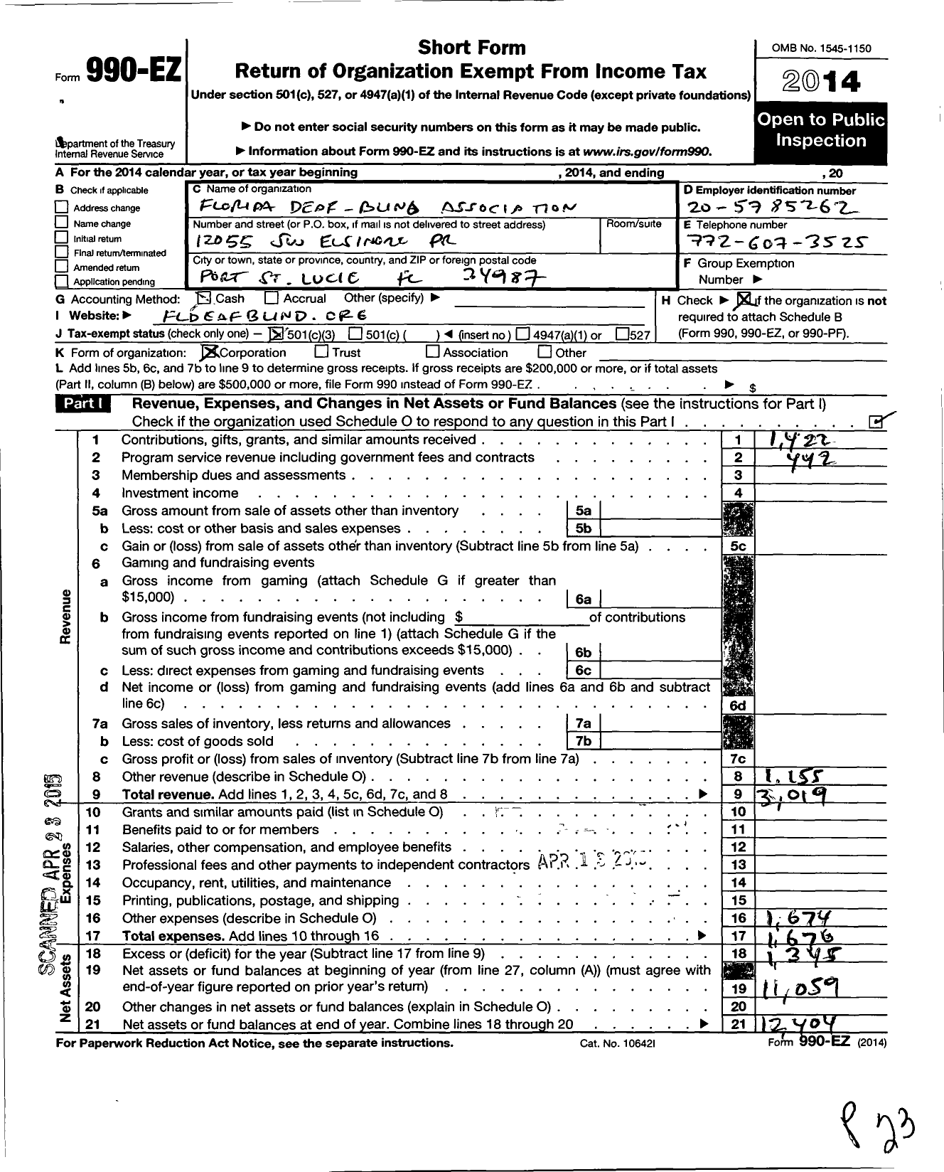 Image of first page of 2014 Form 990EZ for Florida Deaf-Blind Association