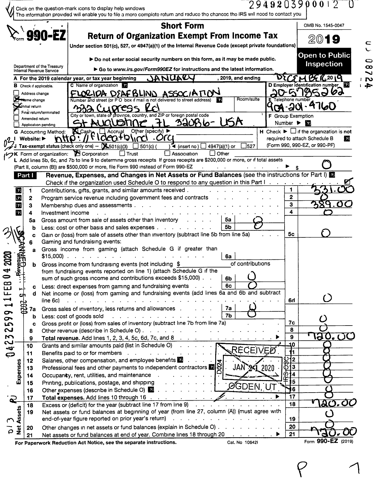 Image of first page of 2019 Form 990EZ for Florida Deaf-Blind Association