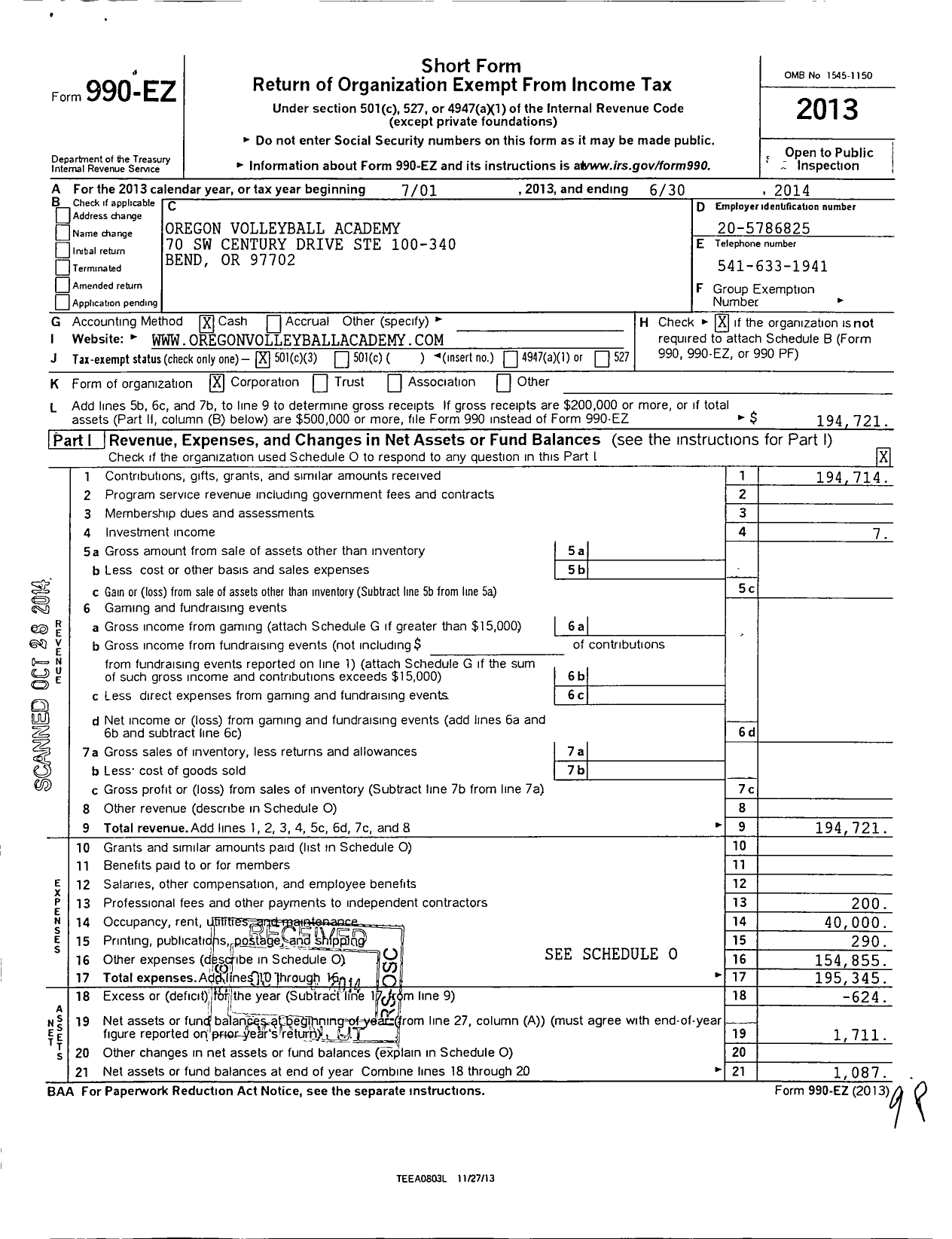 Image of first page of 2013 Form 990EZ for Oregon Volleyball Academy