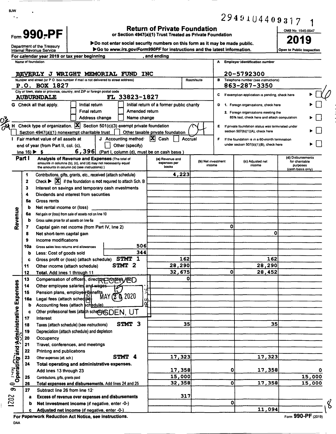 Image of first page of 2019 Form 990PF for Beverly J Wright Memorial Fund