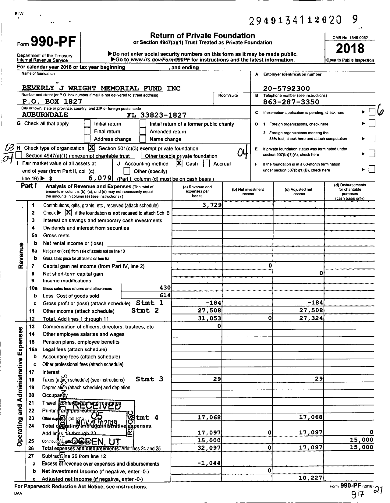 Image of first page of 2018 Form 990PF for Beverly J Wright Memorial Fund