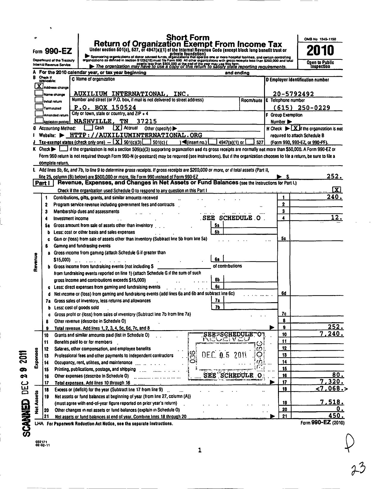 Image of first page of 2010 Form 990EZ for Auxilium International