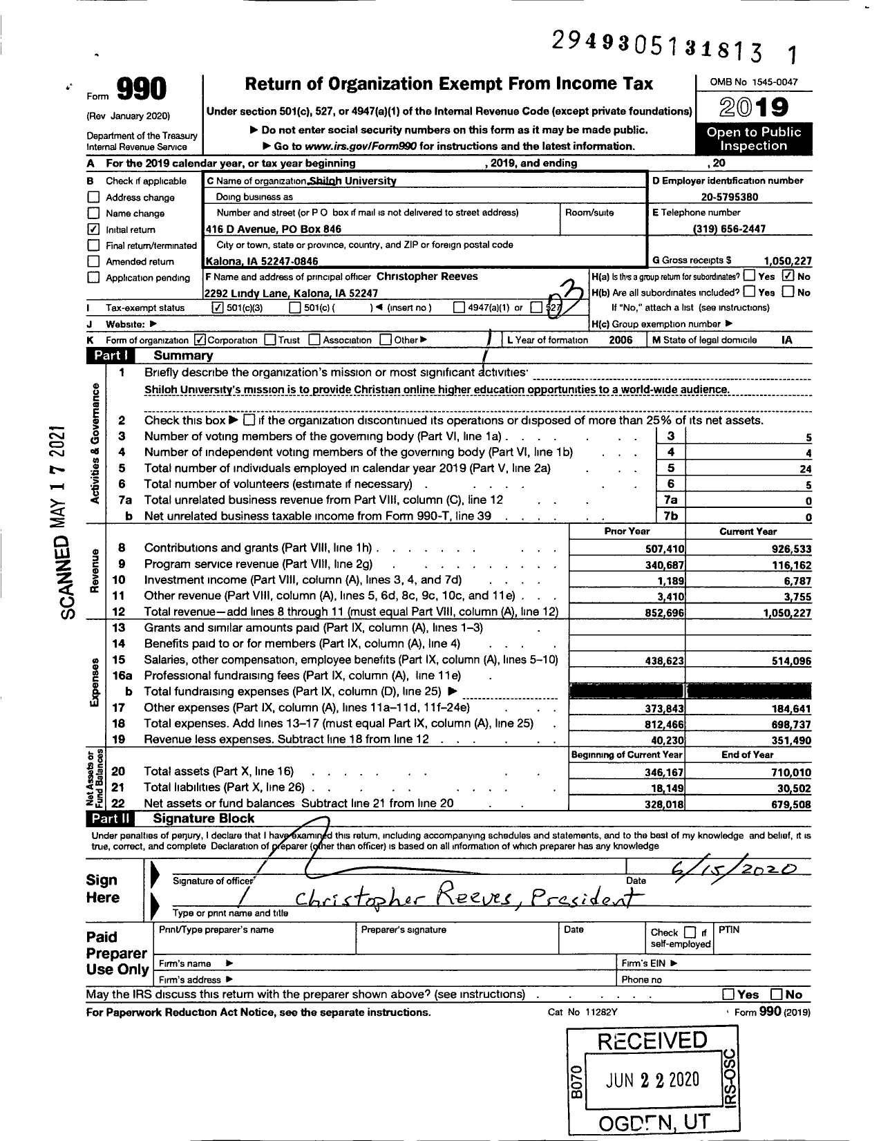 Image of first page of 2019 Form 990 for Shiloh University