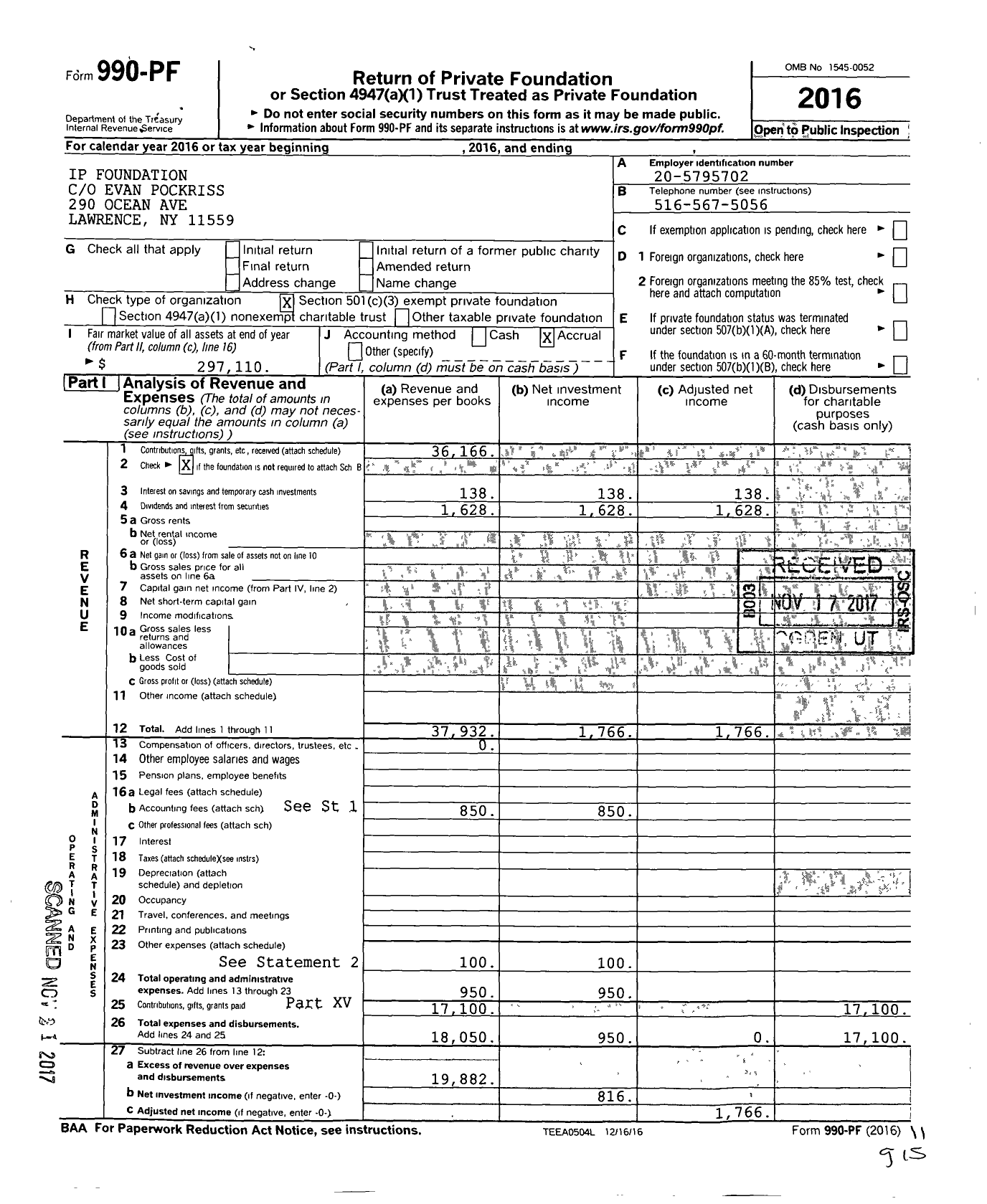 Image of first page of 2016 Form 990PF for Ip Foundation