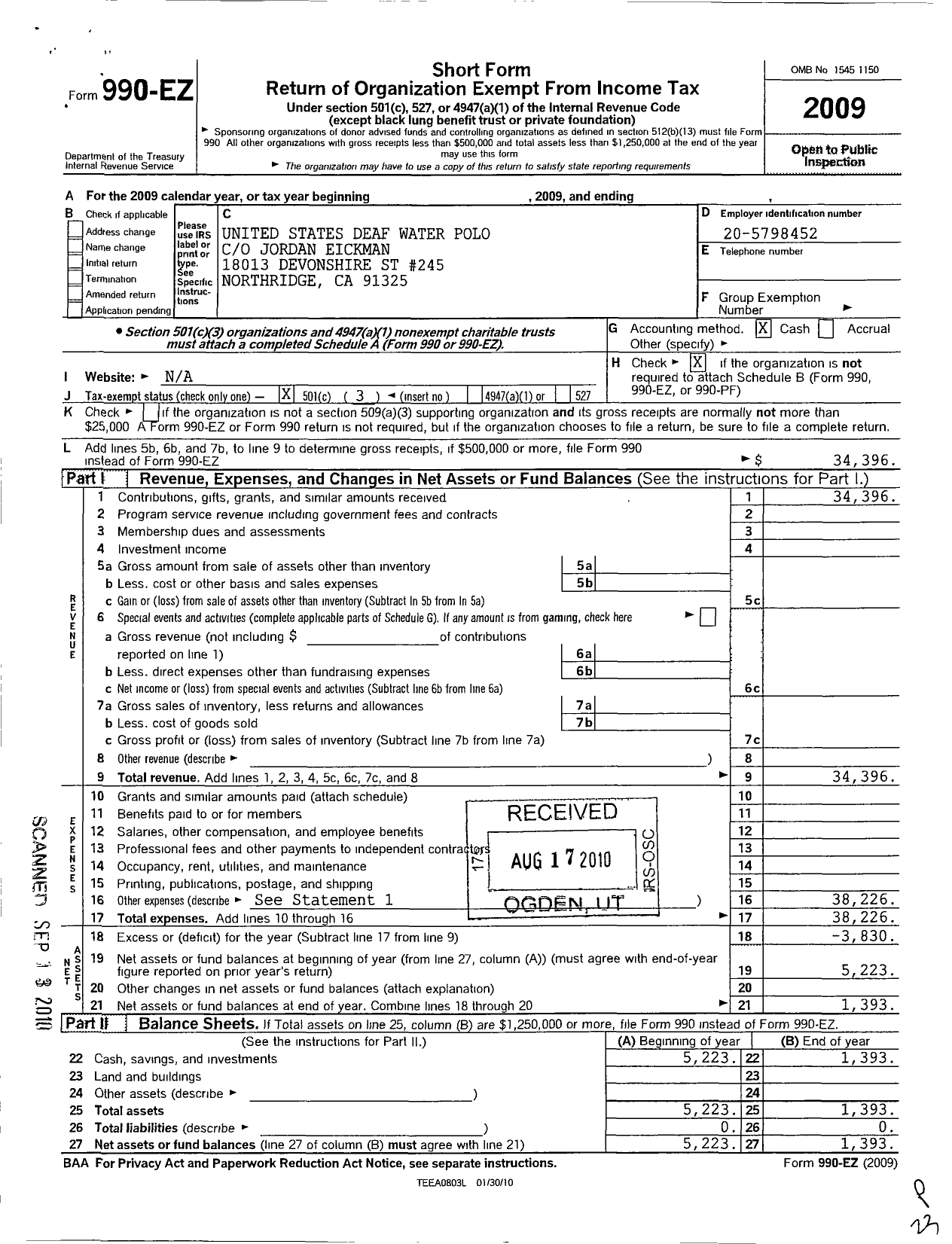 Image of first page of 2009 Form 990EZ for United States Deaf Water Polo