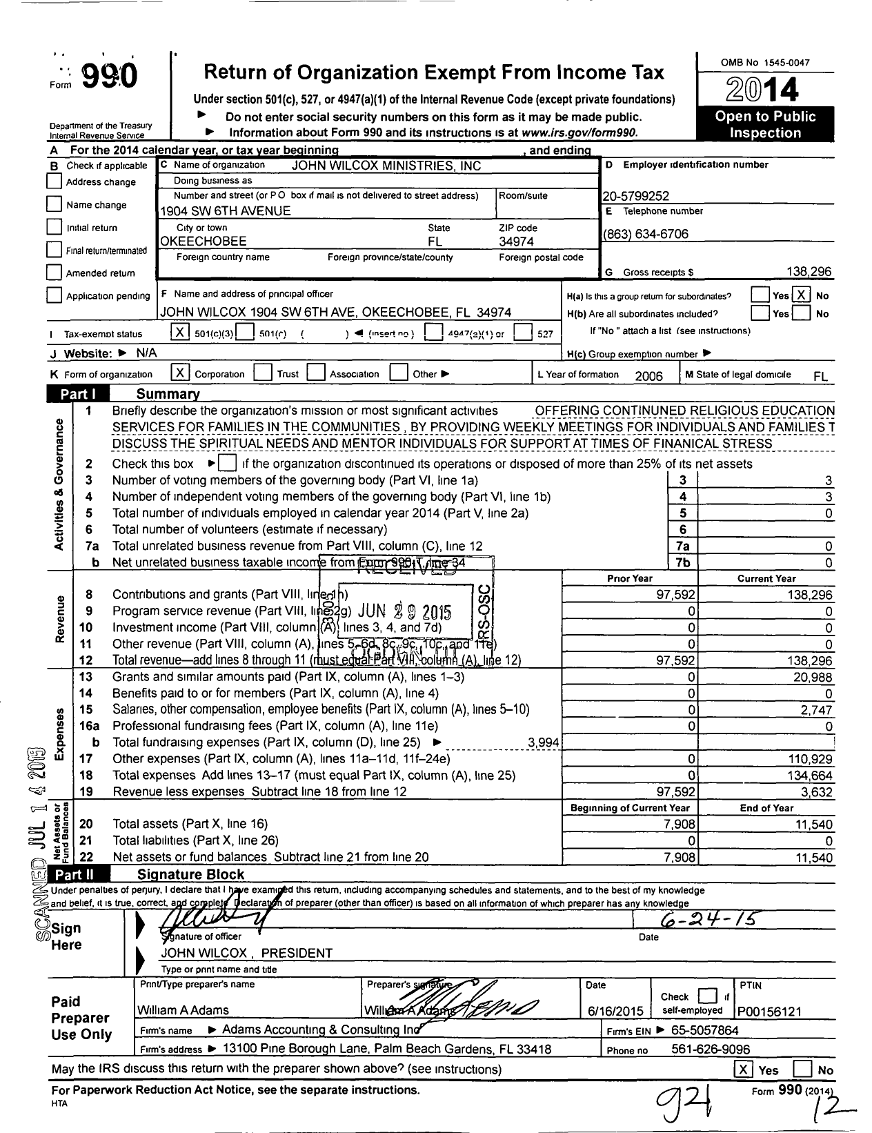 Image of first page of 2014 Form 990 for John Wilcox Ministries