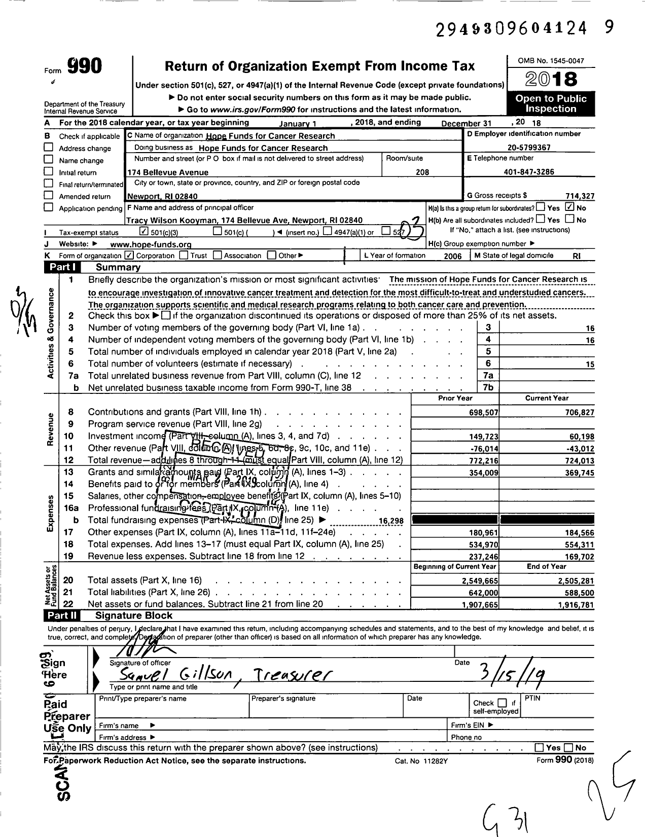 Image of first page of 2018 Form 990 for Hope Funds for Cancer Research