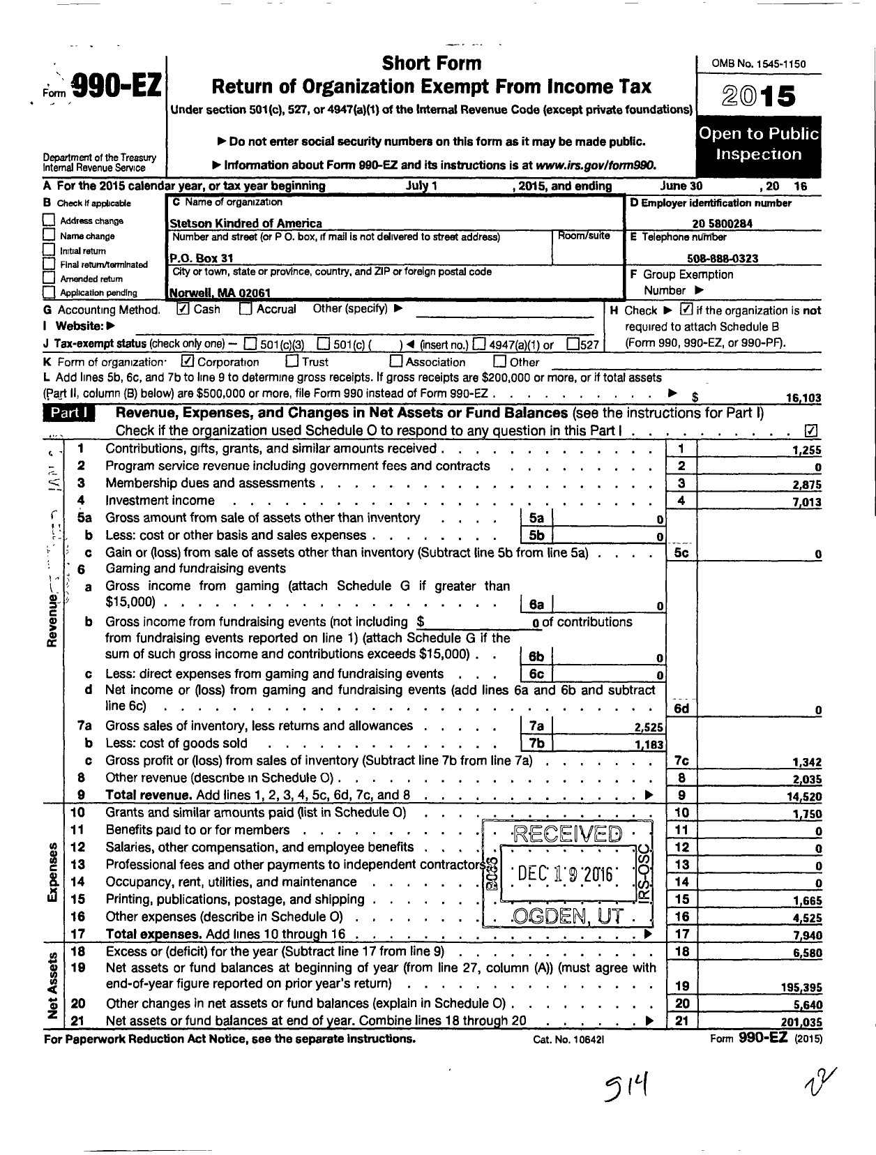 Image of first page of 2015 Form 990EO for Stetson Kindred of America