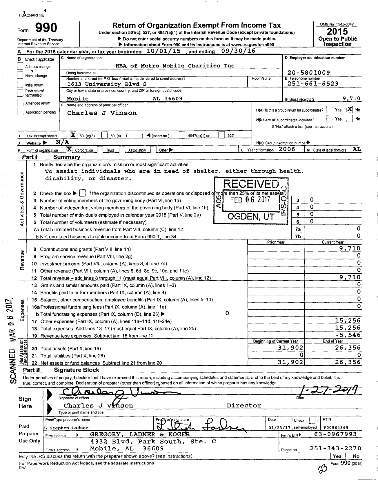 Image of first page of 2015 Form 990 for Hba of Metro Mobile Charities