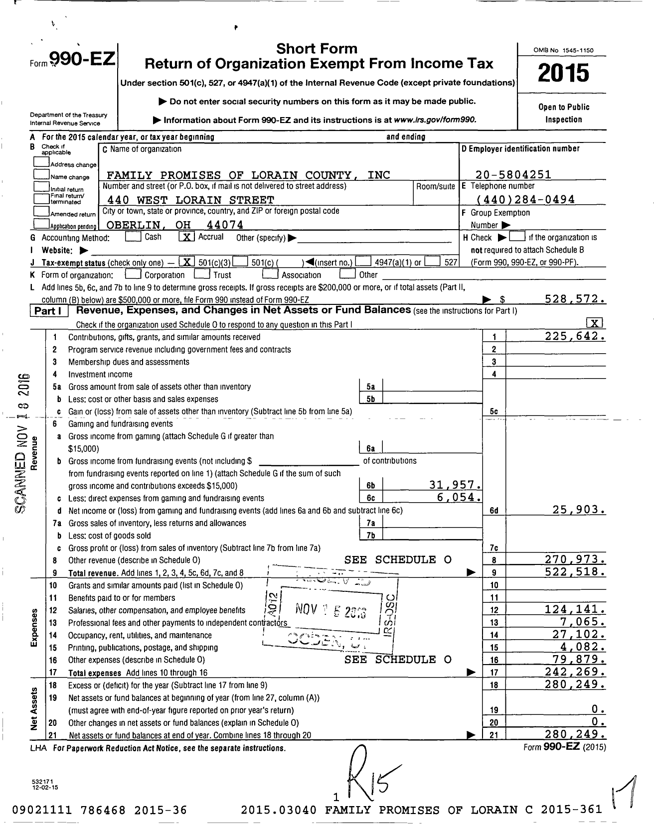 Image of first page of 2015 Form 990EZ for Family Promise of Lorain County