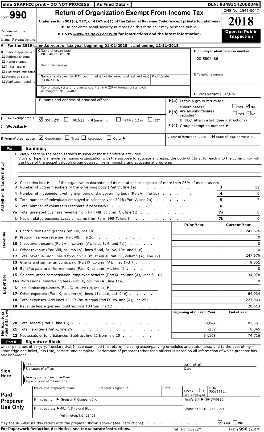 Image of first page of 2018 Form 990 for Vigilant Hope