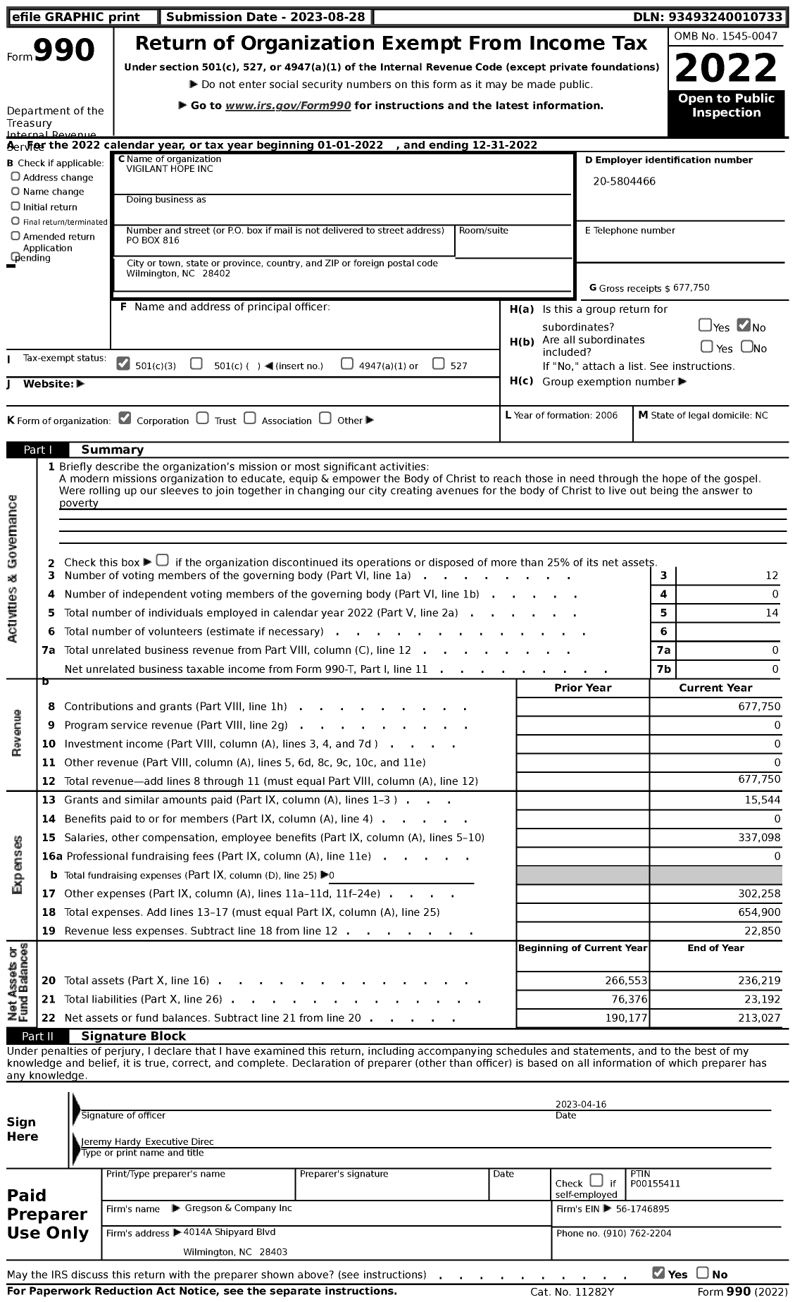 Image of first page of 2022 Form 990 for Vigilant Hope